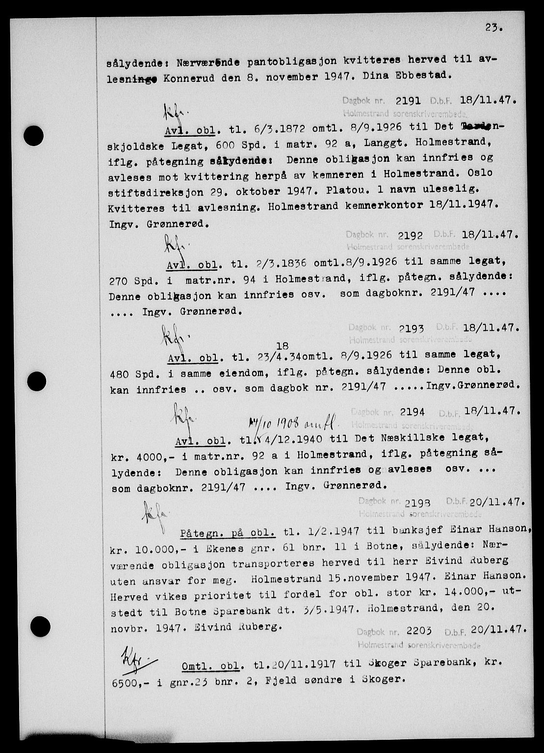 Holmestrand sorenskriveri, SAKO/A-67/G/Ga/Gab/L0058: Pantebok nr. B-58, 1947-1948, s. 23, Dagboknr: 2191/1947