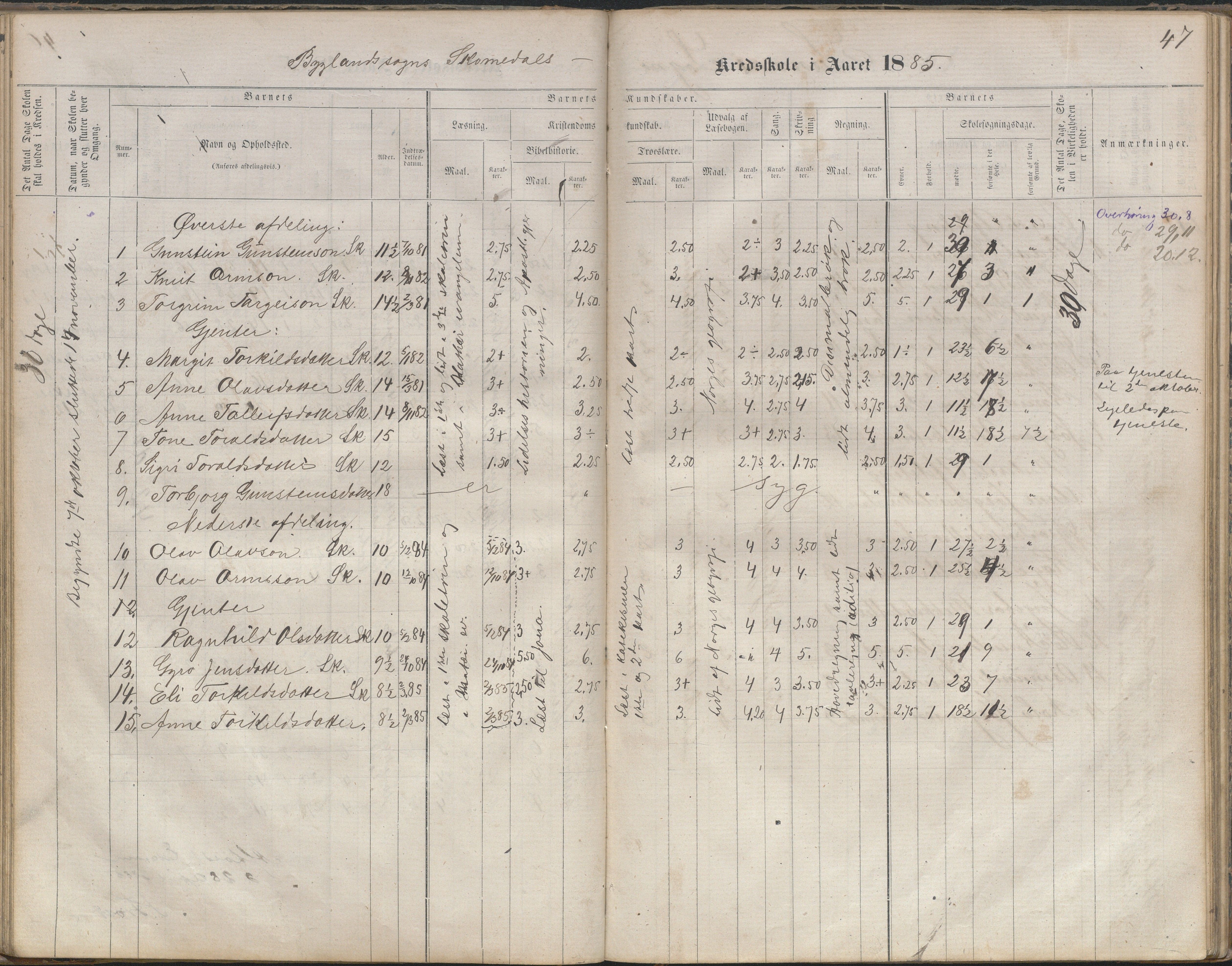 Bygland kommune, Skulekrinsar i Midt-Bygland, AAKS/KA0938-550b/F2/L0003: Skuleprotokoll Sandnes, Skomedal og Frøysnes, 1863-1886, s. 47