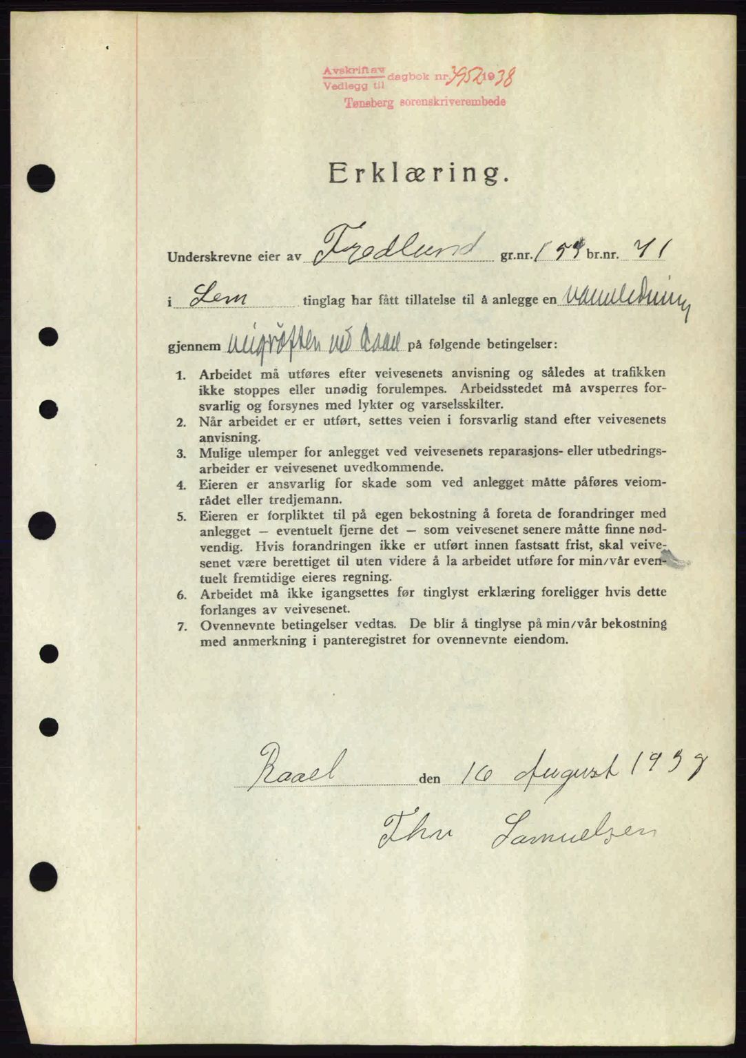 Jarlsberg sorenskriveri, SAKO/A-131/G/Ga/Gaa/L0006: Pantebok nr. A-6, 1938-1939, Dagboknr: 3952/1938