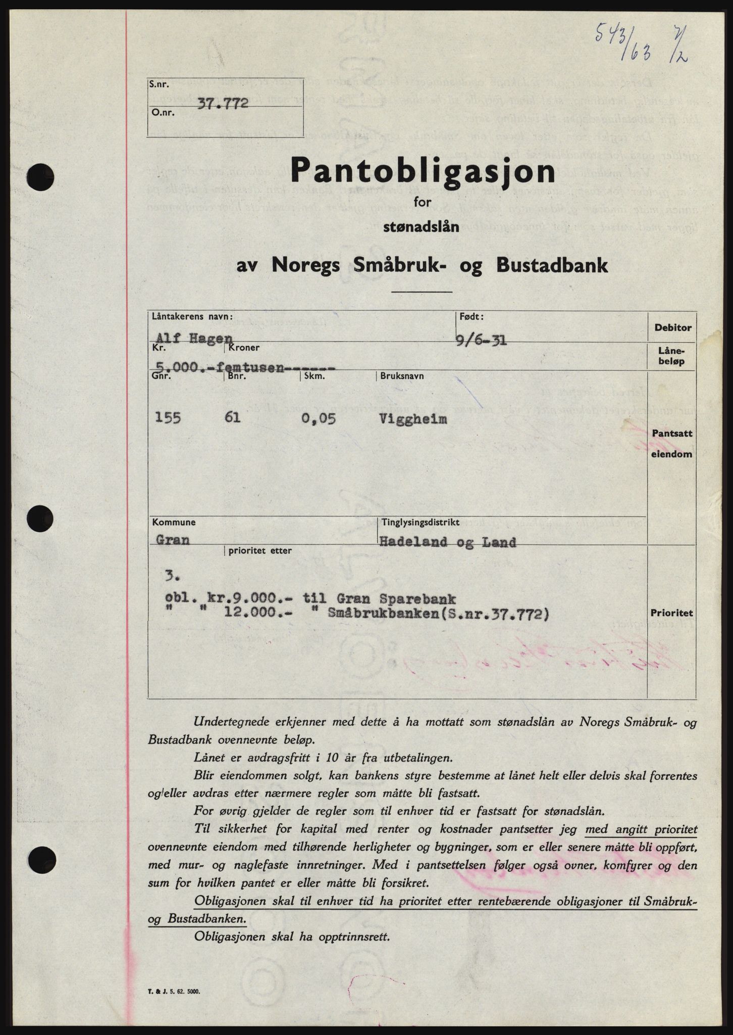 Hadeland og Land tingrett, SAH/TING-010/H/Hb/Hbc/L0050: Pantebok nr. B50, 1962-1963, Dagboknr: 543/1963