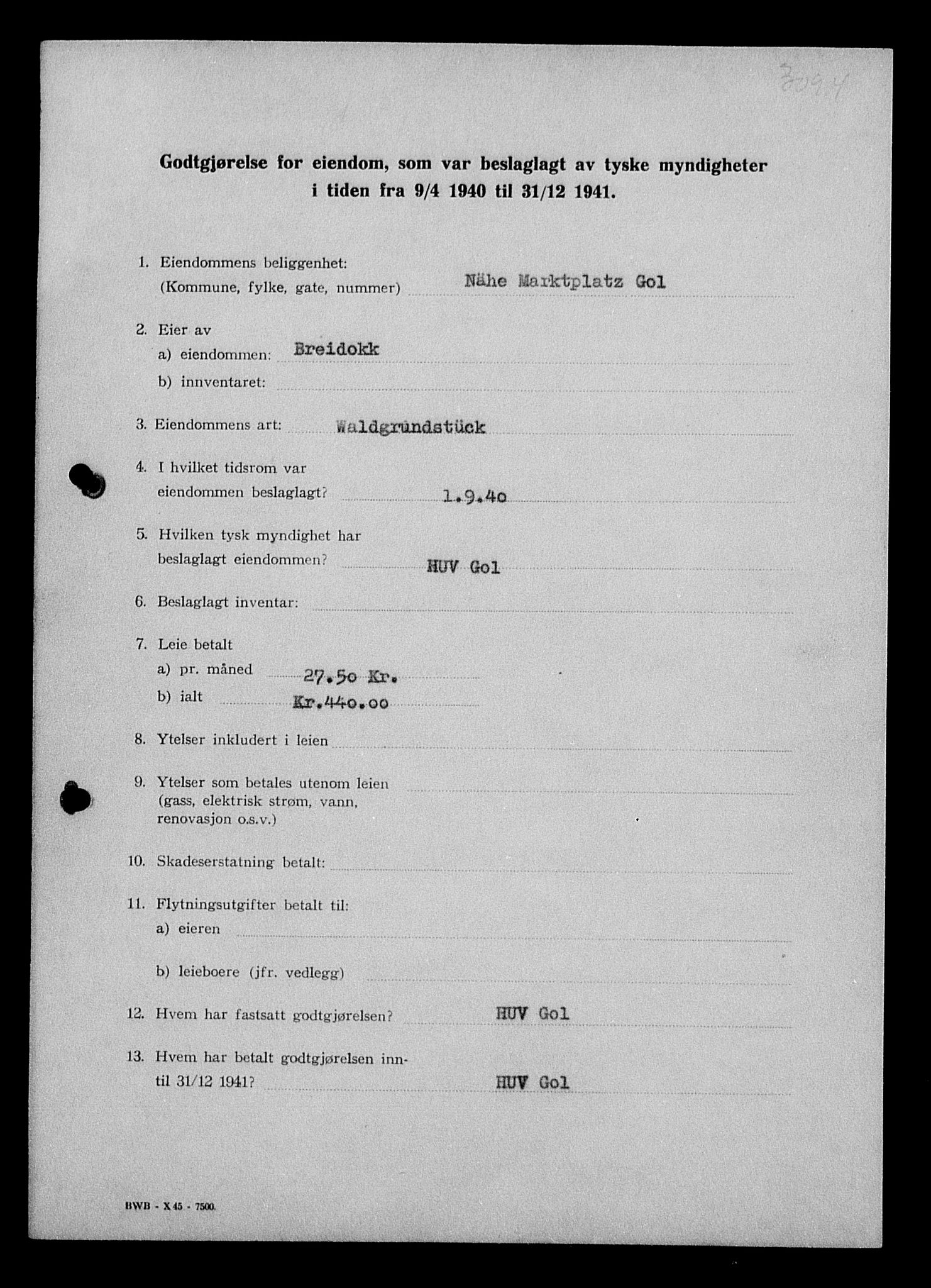 Justisdepartementet, Tilbakeføringskontoret for inndratte formuer, AV/RA-S-1564/I/L1012: Godtgjørelse for beslaglagt eiendom, 1940-1941, s. 379