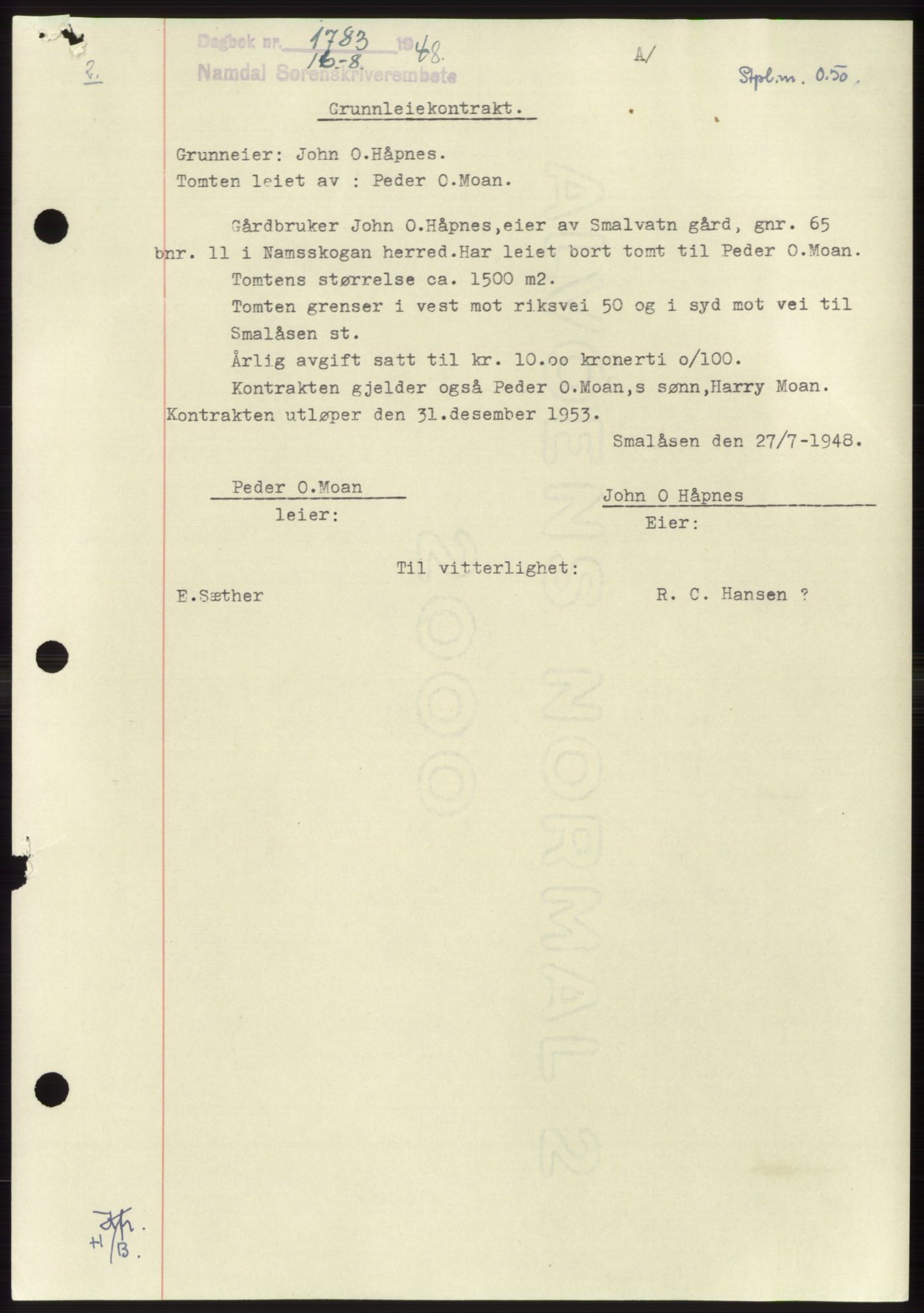 Namdal sorenskriveri, SAT/A-4133/1/2/2C: Pantebok nr. -, 1948-1948, Dagboknr: 1783/1948