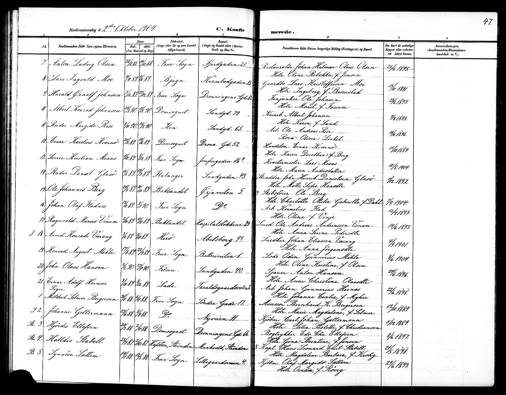 Ministerialprotokoller, klokkerbøker og fødselsregistre - Sør-Trøndelag, SAT/A-1456/602/L0146: Klokkerbok nr. 602C14, 1904-1914, s. 47