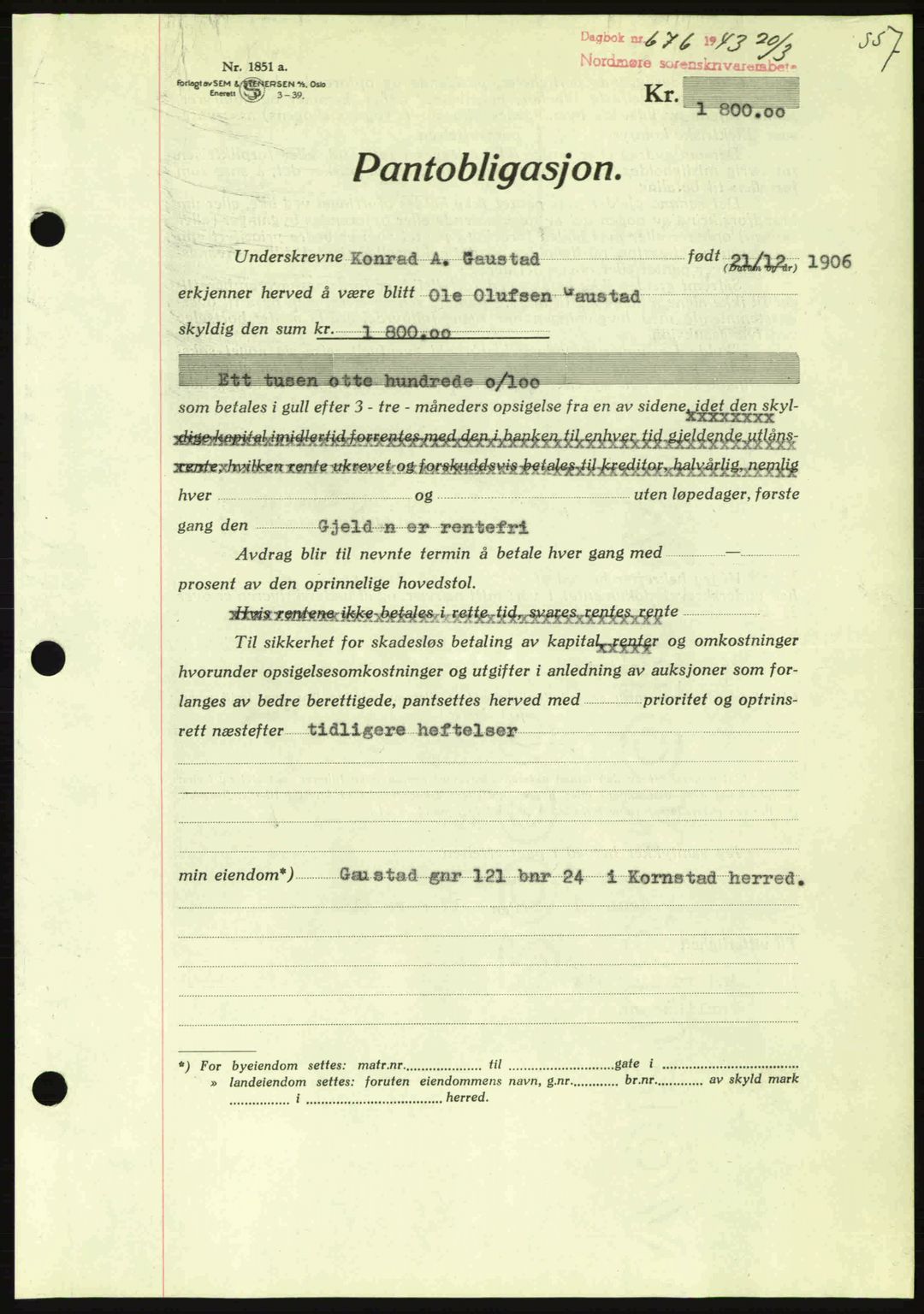 Nordmøre sorenskriveri, SAT/A-4132/1/2/2Ca: Pantebok nr. B90, 1942-1943, Dagboknr: 676/1943