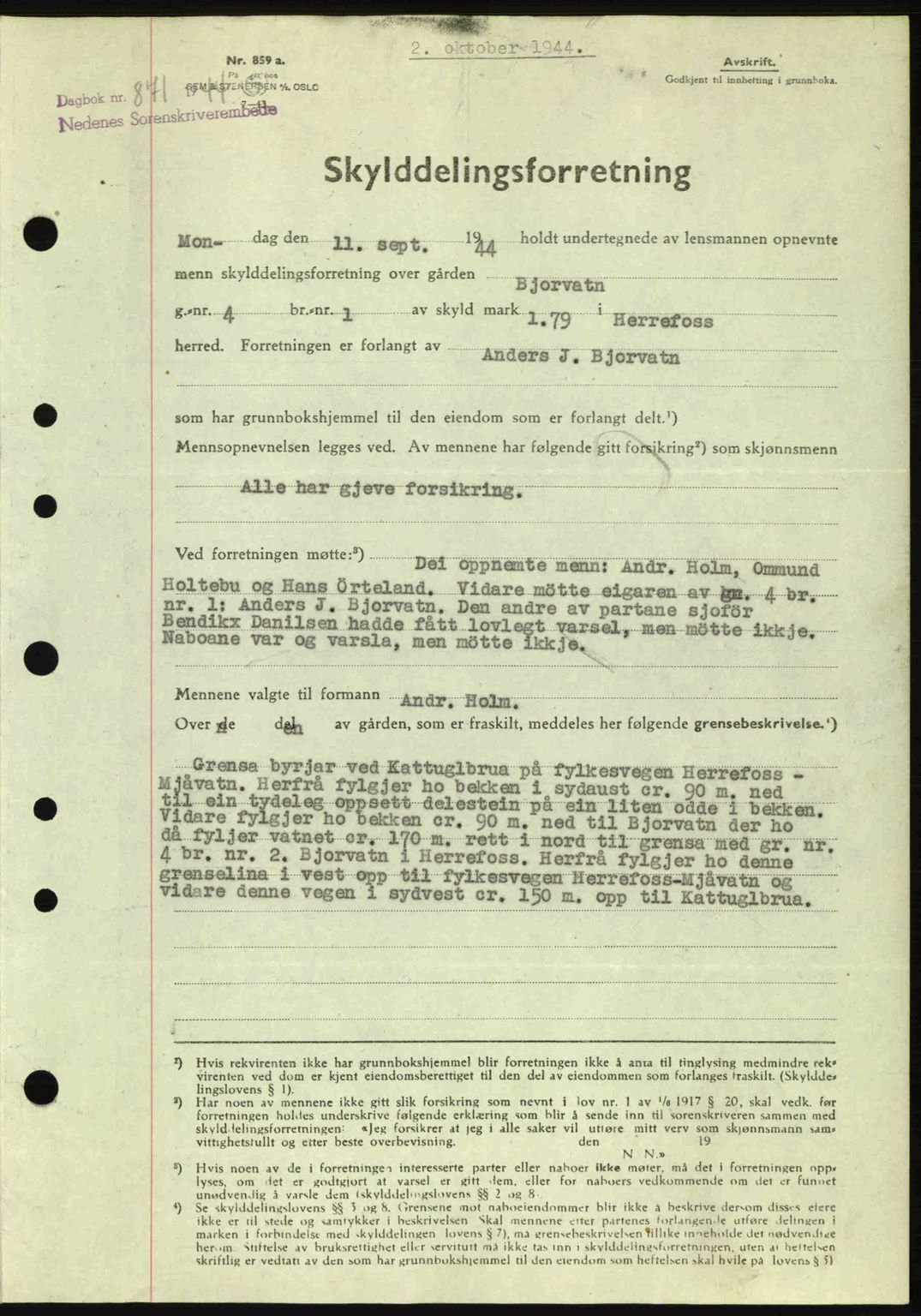 Nedenes sorenskriveri, SAK/1221-0006/G/Gb/Gba/L0052: Pantebok nr. A6a, 1944-1945, Dagboknr: 871/1944