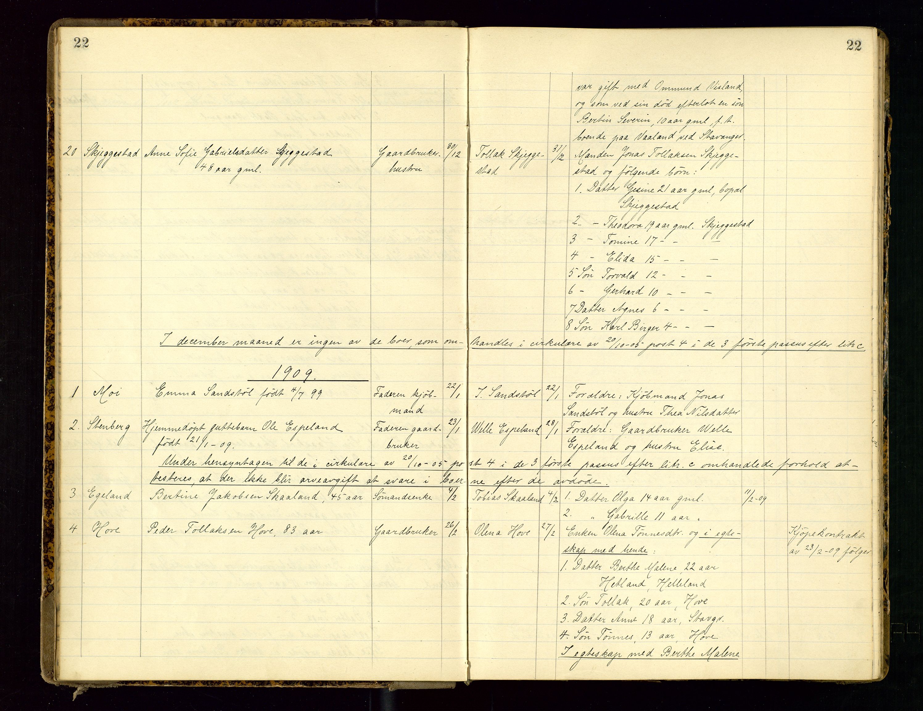 Dalane sorenskriveri, AV/SAST-A-100309/001/5/52/L0001: DØDSFALLPROTOKOLL, 1904-1911, s. 22