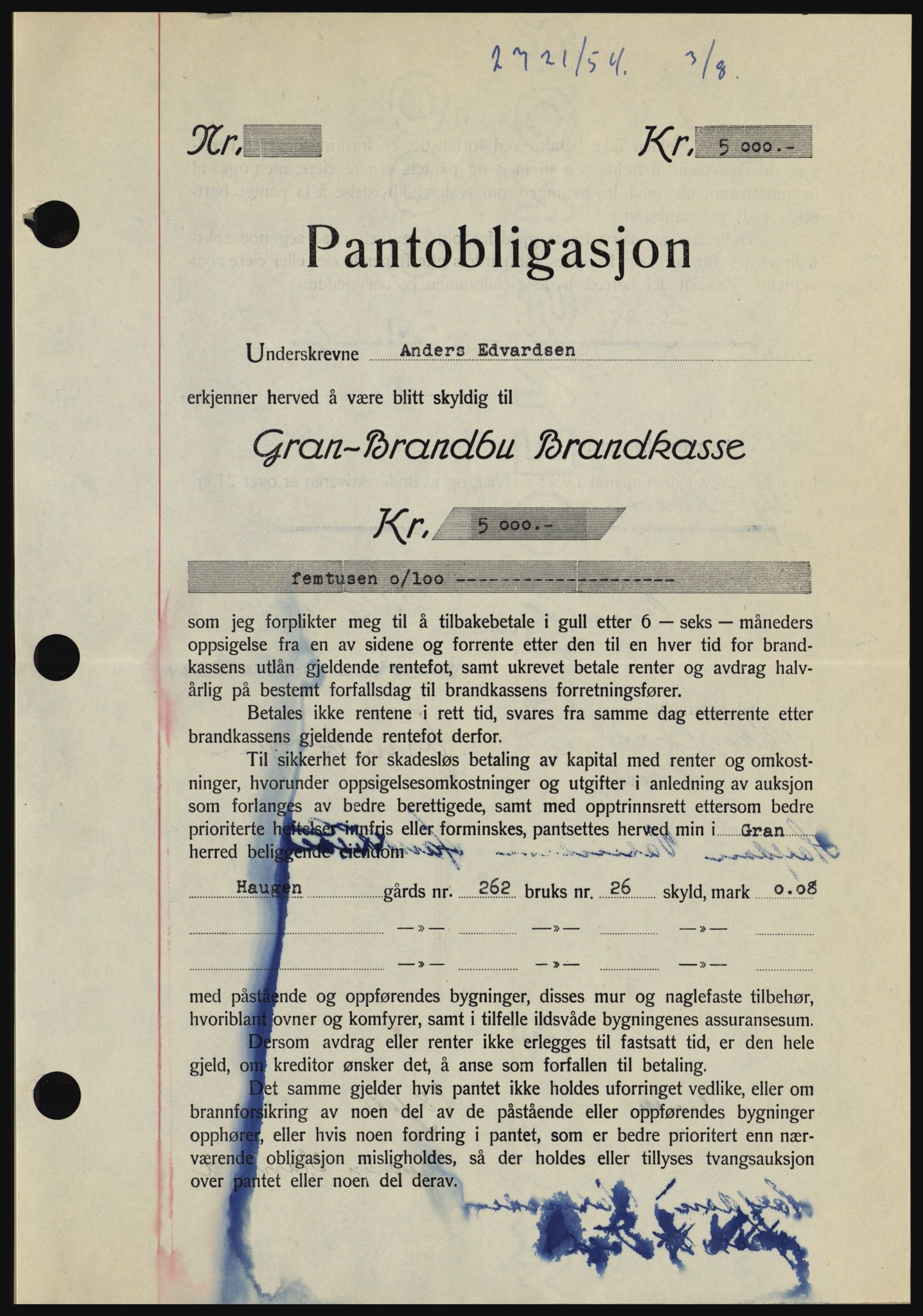 Hadeland og Land tingrett, SAH/TING-010/H/Hb/Hbc/L0030: Pantebok nr. B30, 1954-1954, Dagboknr: 2721/1954