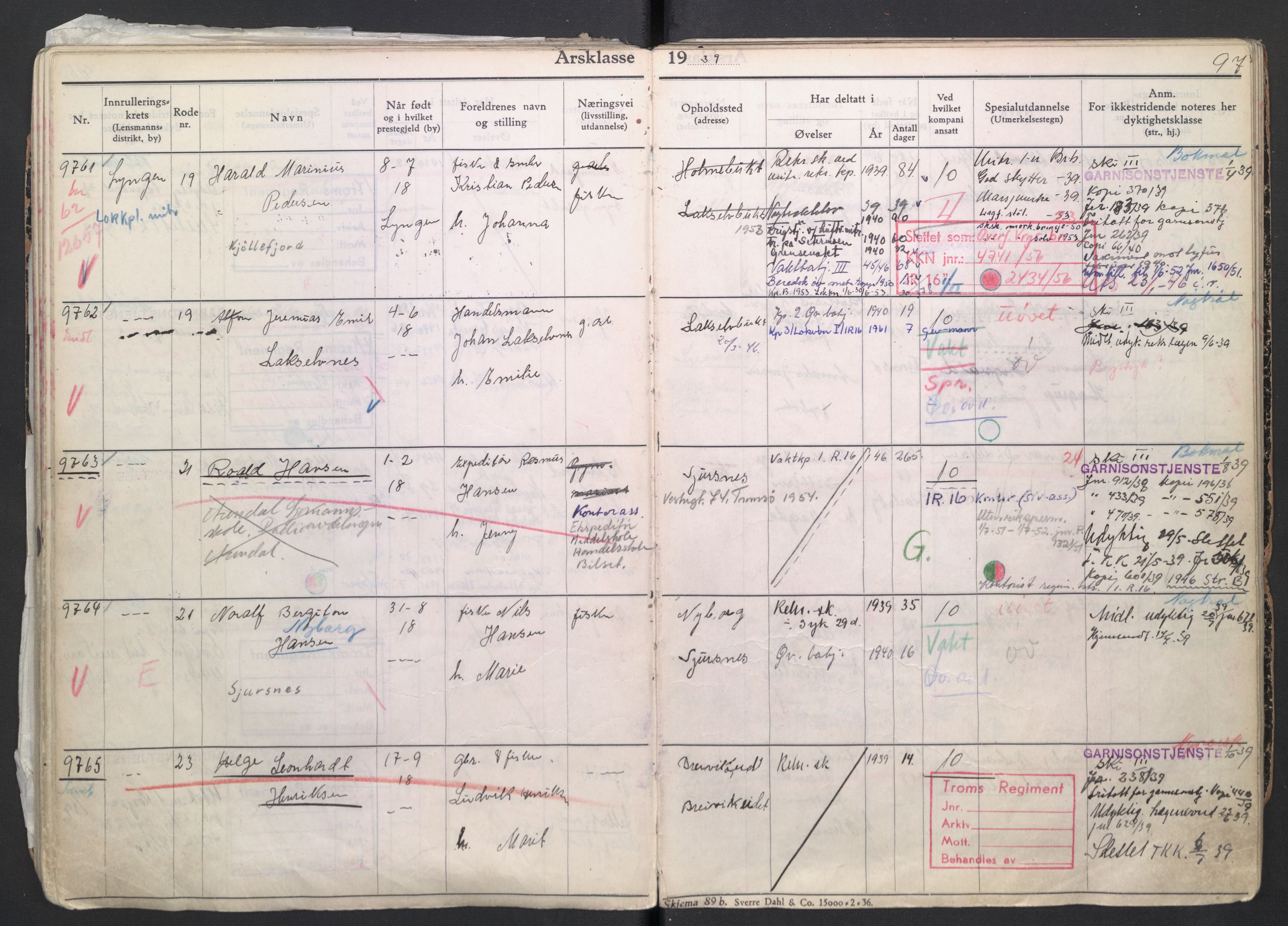 Forsvaret, Troms infanteriregiment nr. 16, AV/RA-RAFA-3146/P/Pa/L0007/0004: Ruller / Rulle for regimentets menige mannskaper, årsklasse 1939, 1939, s. 97