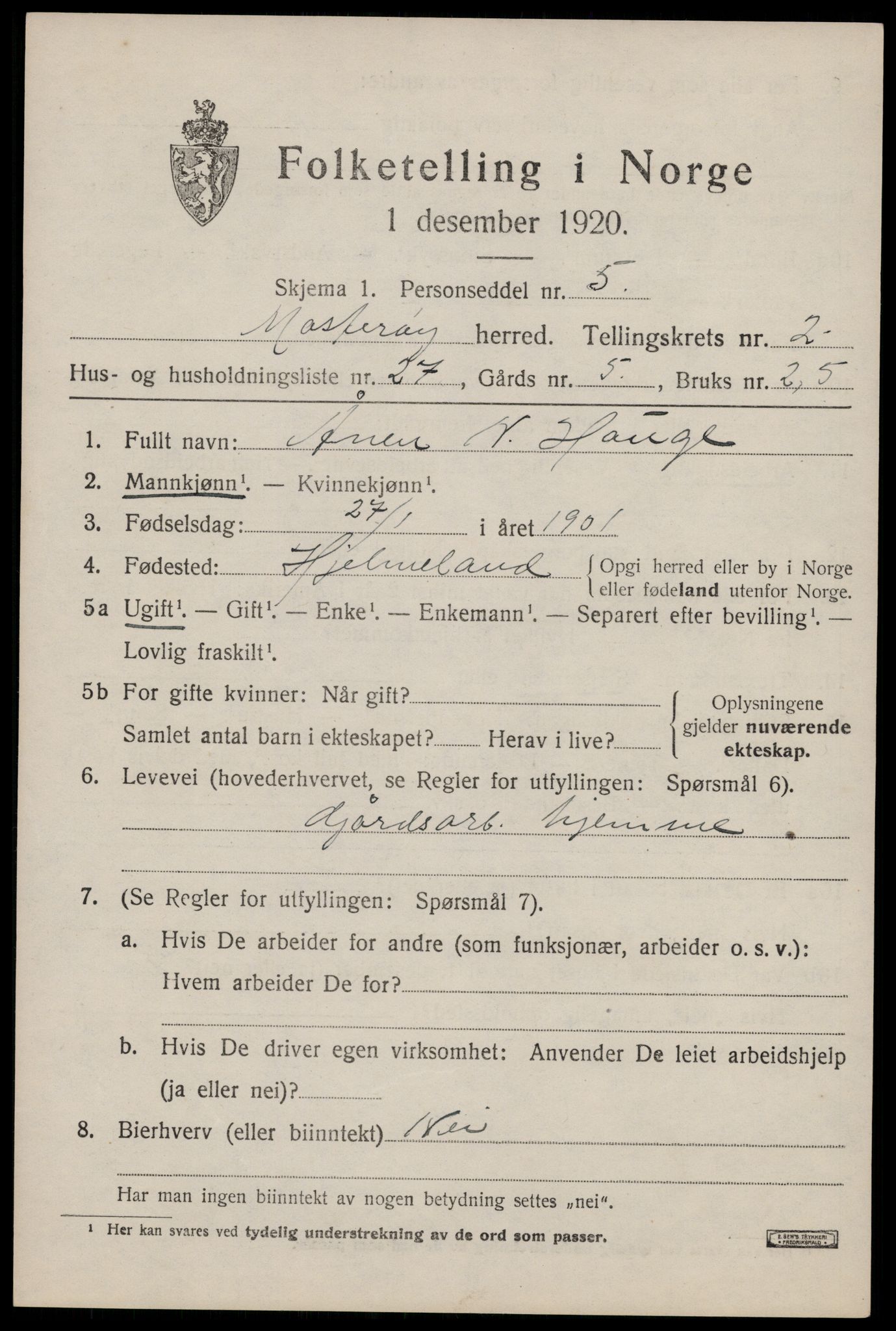 SAST, Folketelling 1920 for 1143 Mosterøy herred, 1920, s. 1058