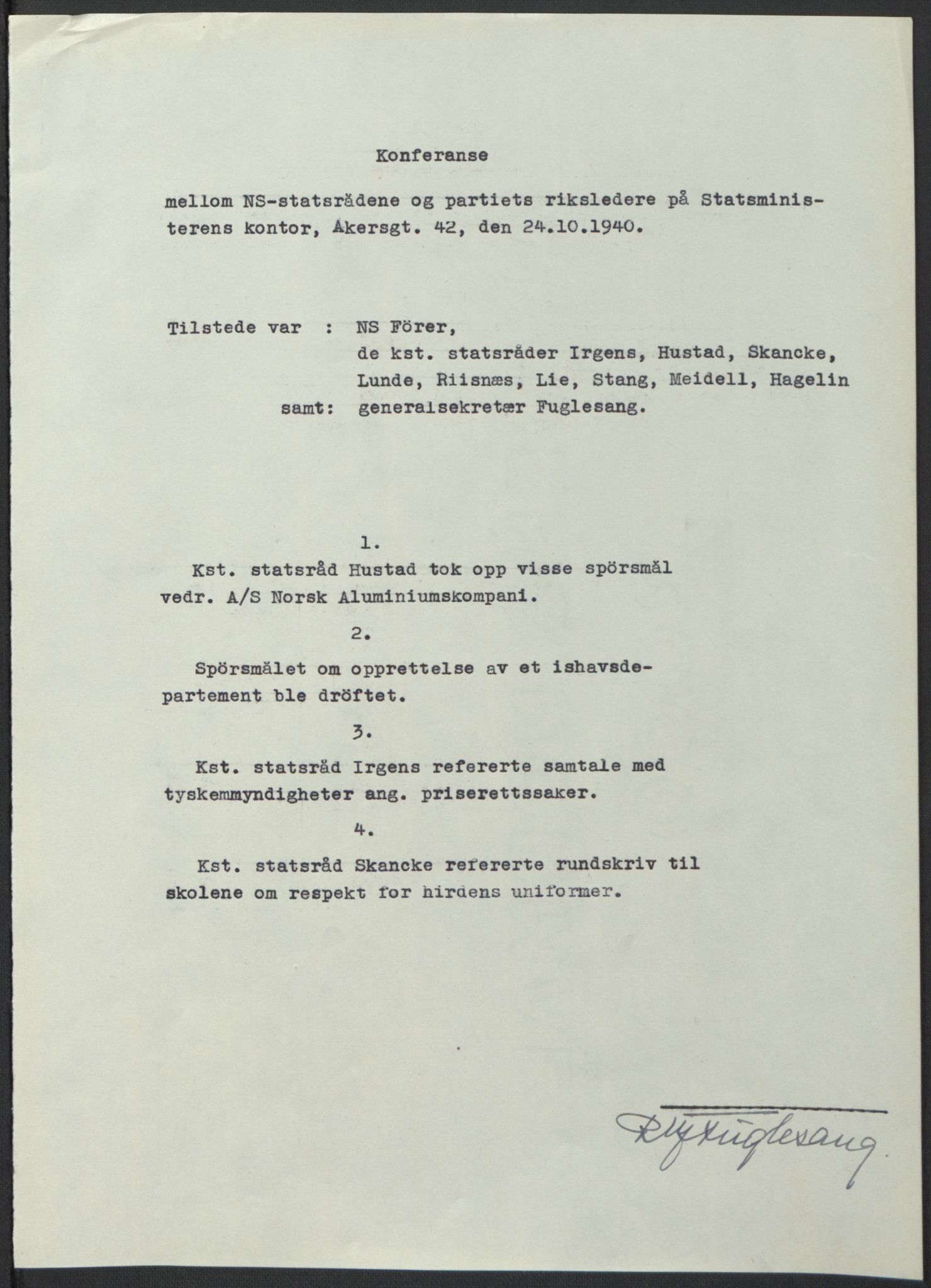 NS-administrasjonen 1940-1945 (Statsrådsekretariatet, de kommisariske statsråder mm), AV/RA-S-4279/D/Db/L0074: De kommisariske statsråder, 1940-1942