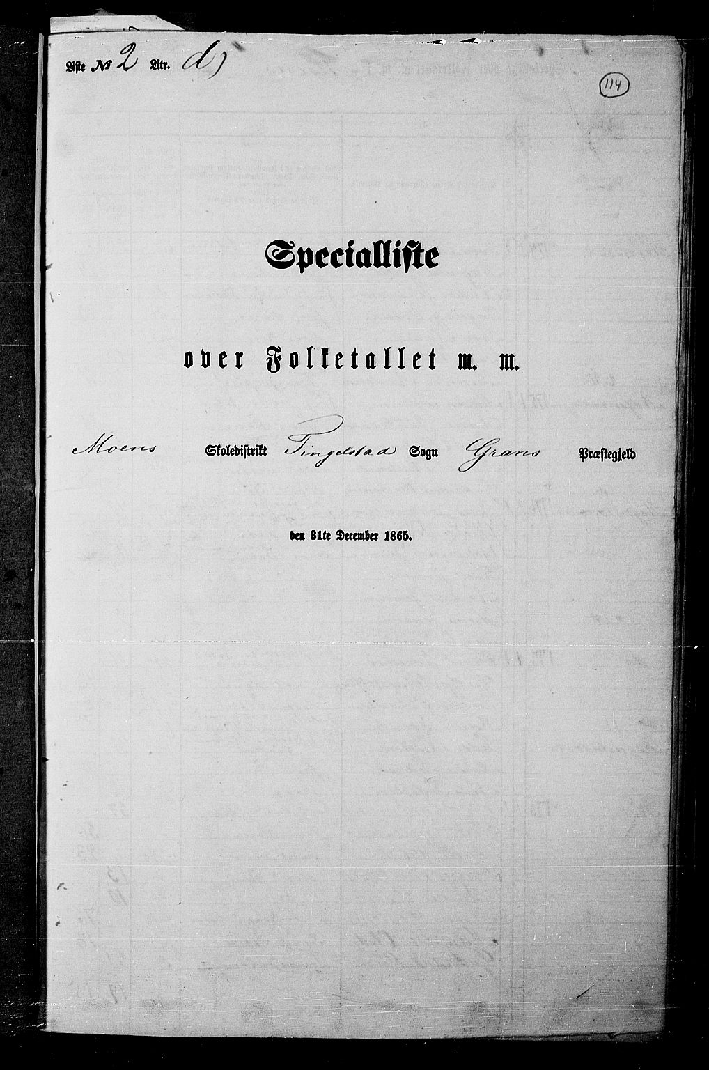 RA, Folketelling 1865 for 0534P Gran prestegjeld, 1865, s. 100