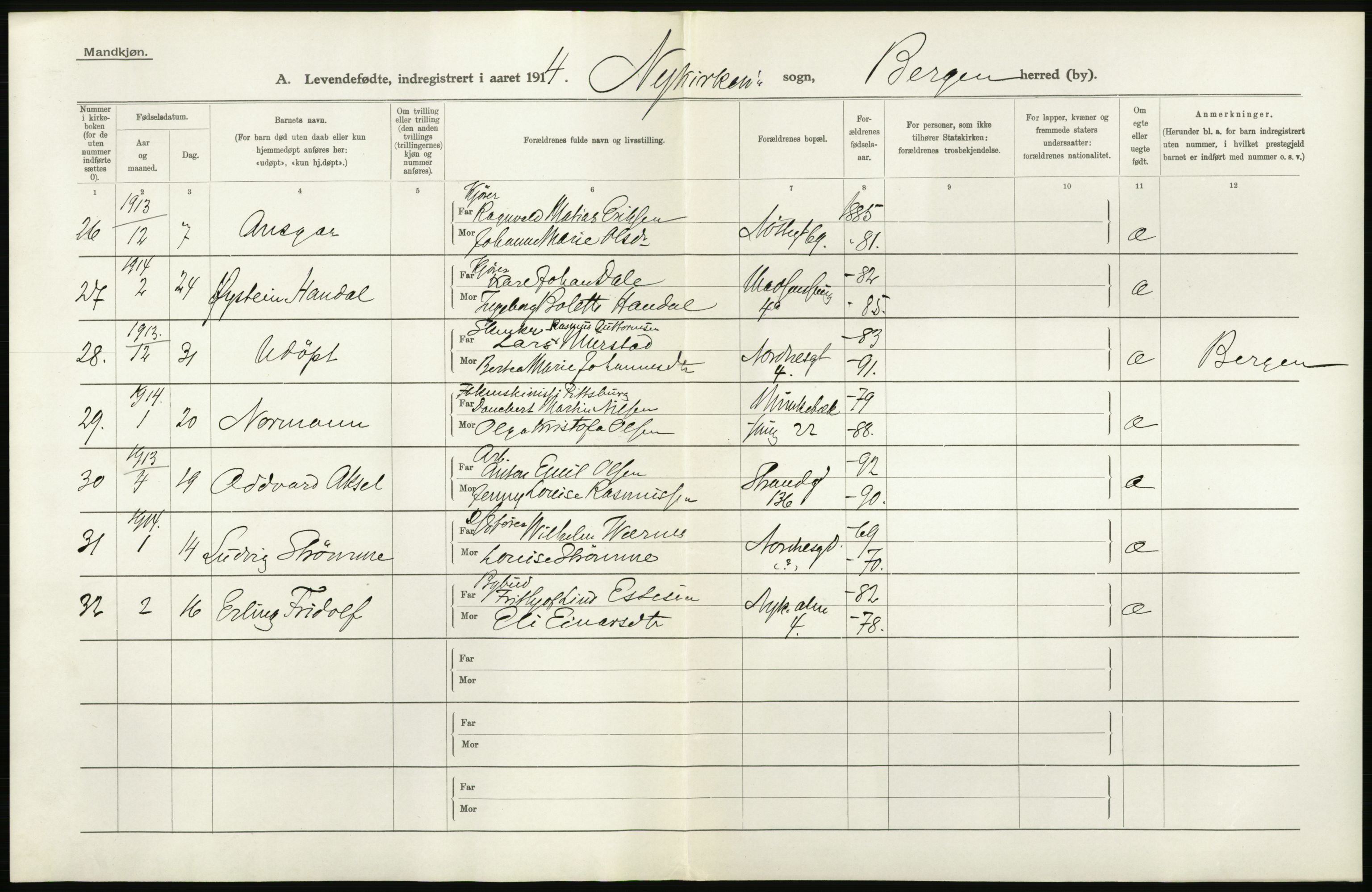 Statistisk sentralbyrå, Sosiodemografiske emner, Befolkning, AV/RA-S-2228/D/Df/Dfb/Dfbd/L0030: Bergen: Levendefødte menn og kvinner., 1914, s. 8