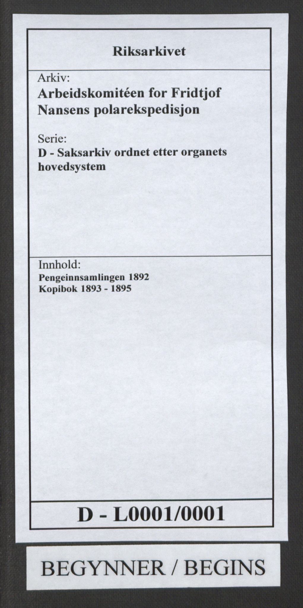 Arbeidskomitéen for Fridtjof Nansens polarekspedisjon, RA/PA-0061/D/L0001/0001: Pengeinnsamlingen / Kopibok, 1893-1895, s. 1