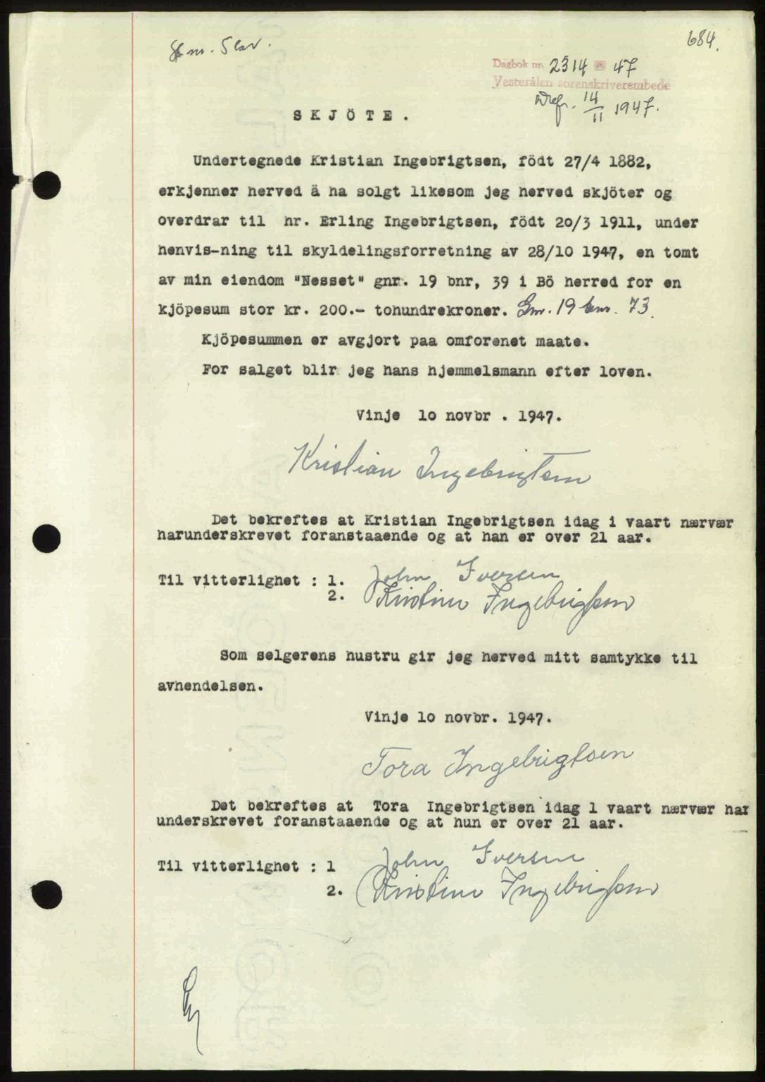 Vesterålen sorenskriveri, SAT/A-4180/1/2/2Ca: Pantebok nr. A21, 1947-1947, Dagboknr: 2314/1947