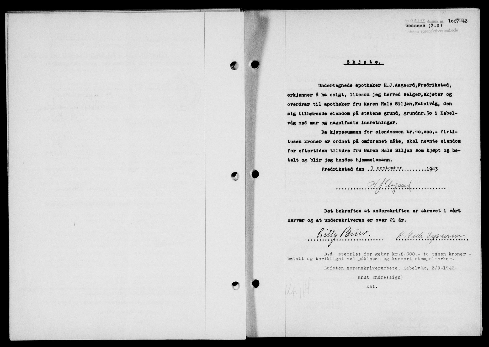 Lofoten sorenskriveri, SAT/A-0017/1/2/2C/L0011a: Pantebok nr. 11a, 1943-1943, Dagboknr: 1067/1943