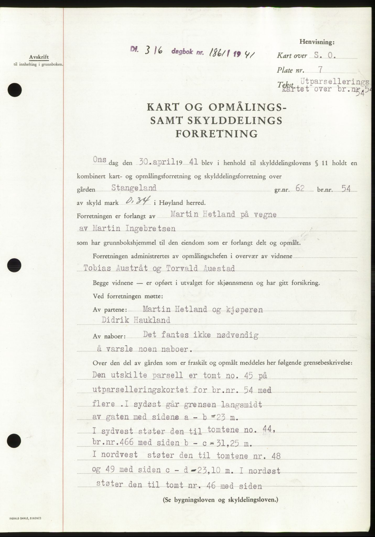 Jæren sorenskriveri, SAST/A-100310/03/G/Gba/L0080: Pantebok, 1941-1941, Dagboknr: 1861/1941