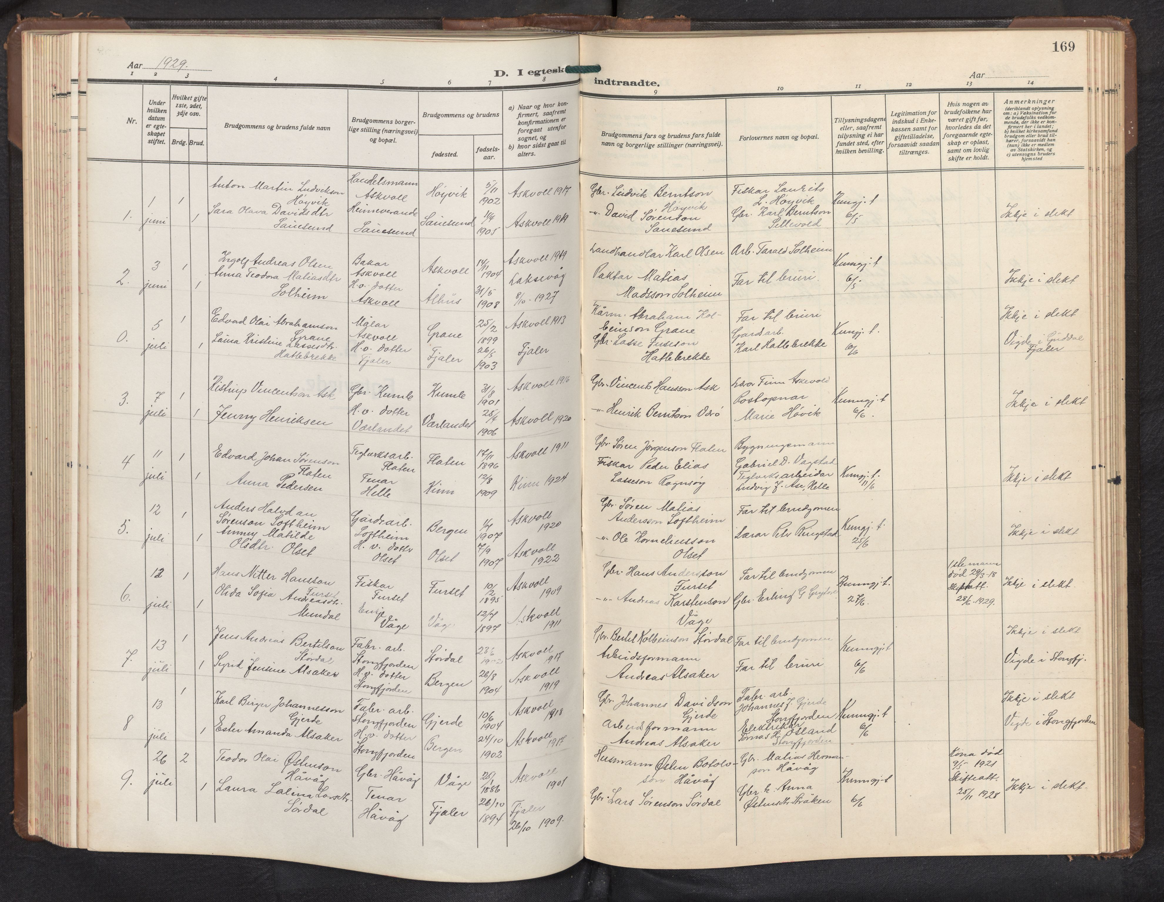 Askvoll sokneprestembete, AV/SAB-A-79501/H/Hab/Haba/L0005: Klokkerbok nr. A 5, 1929-1954, s. 168b-169a