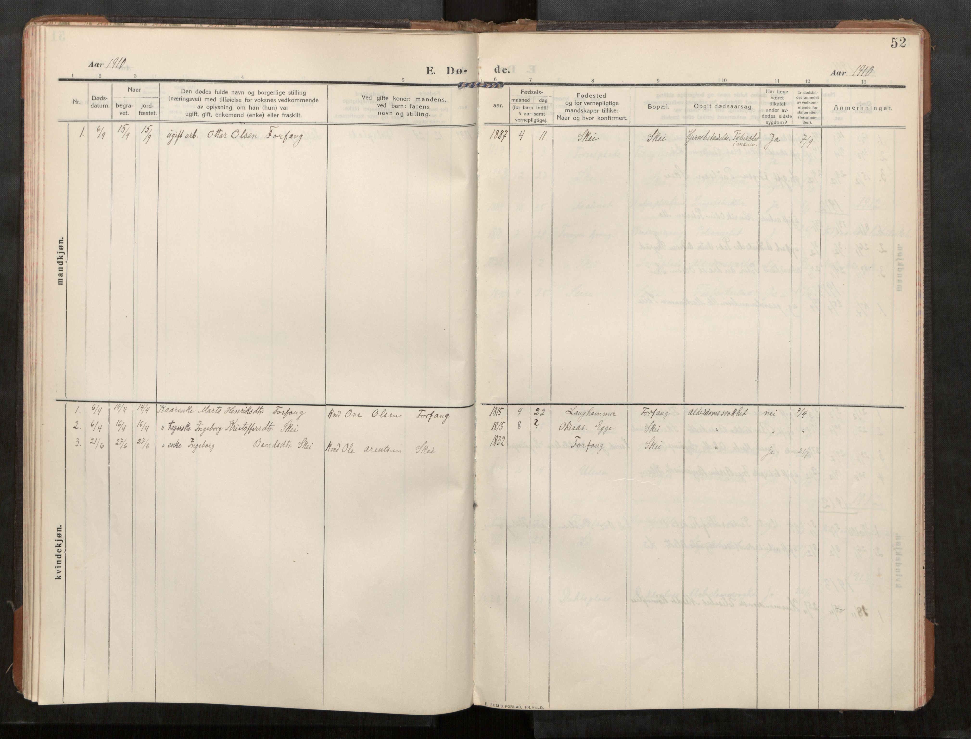 Stod sokneprestkontor, AV/SAT-A-1164/1/I/I1/I1a/L0003: Ministerialbok nr. 3, 1909-1934, s. 52