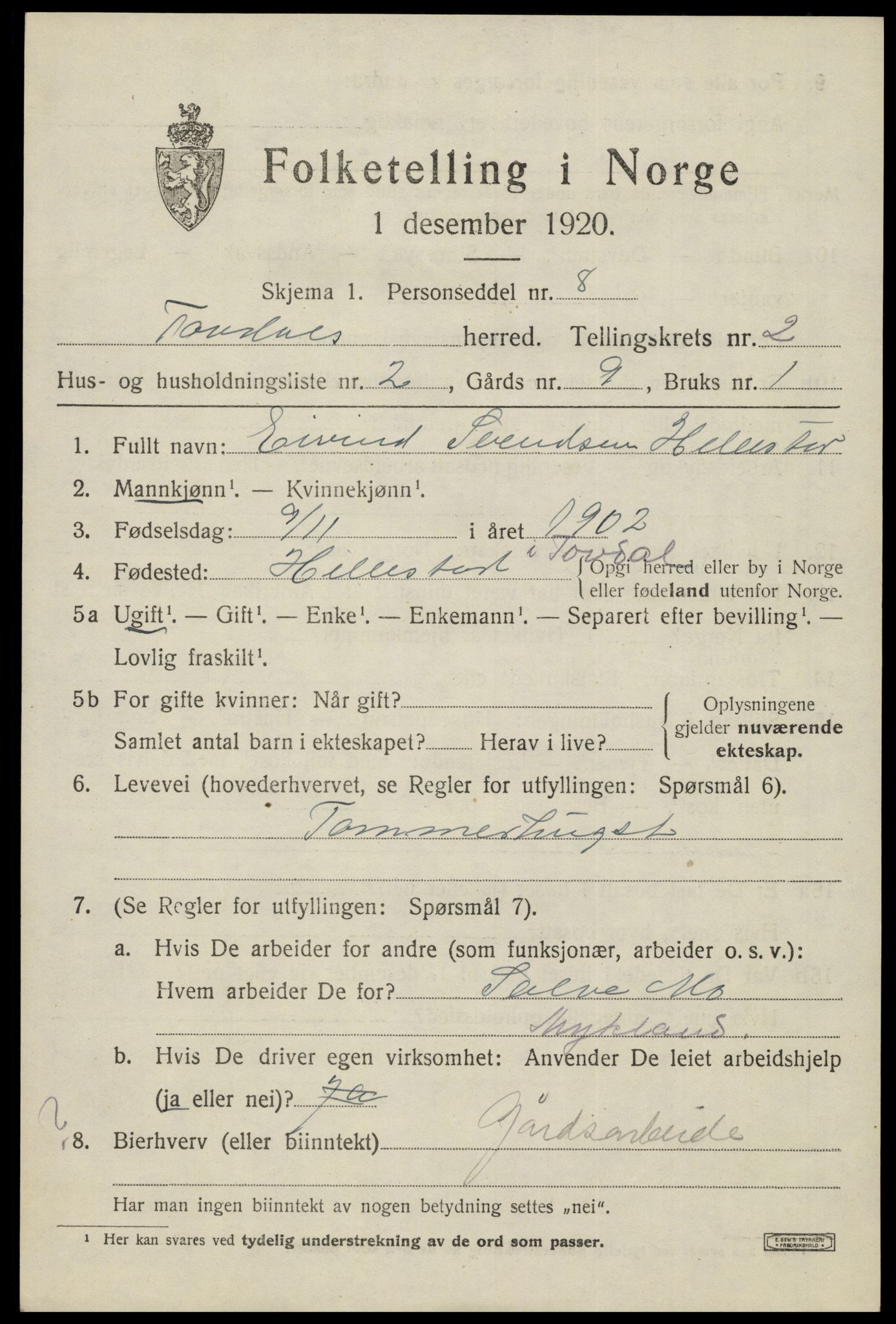 SAK, Folketelling 1920 for 0931 Tovdal herred, 1920, s. 337