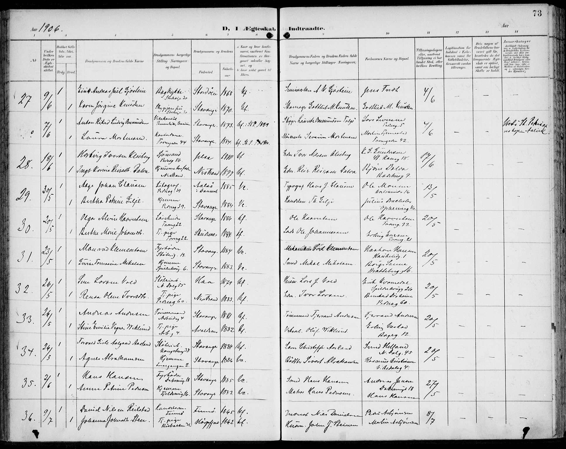 St. Johannes sokneprestkontor, AV/SAST-A-101814/002/B/L0001: Ministerialbok nr. A 8, 1899-1917, s. 73