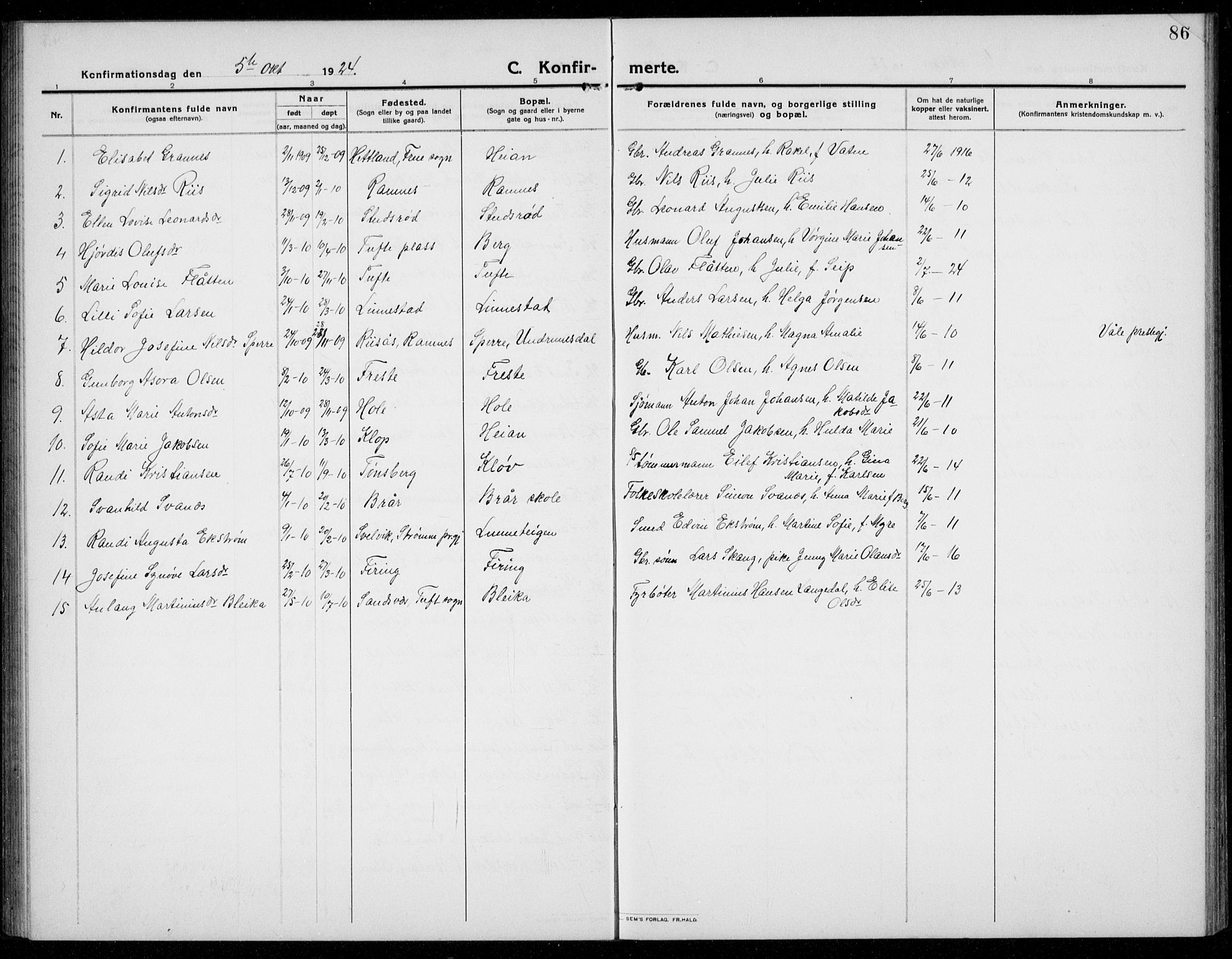 Ramnes kirkebøker, AV/SAKO-A-314/G/Ga/L0005: Klokkerbok nr. I 5, 1912-1936, s. 86