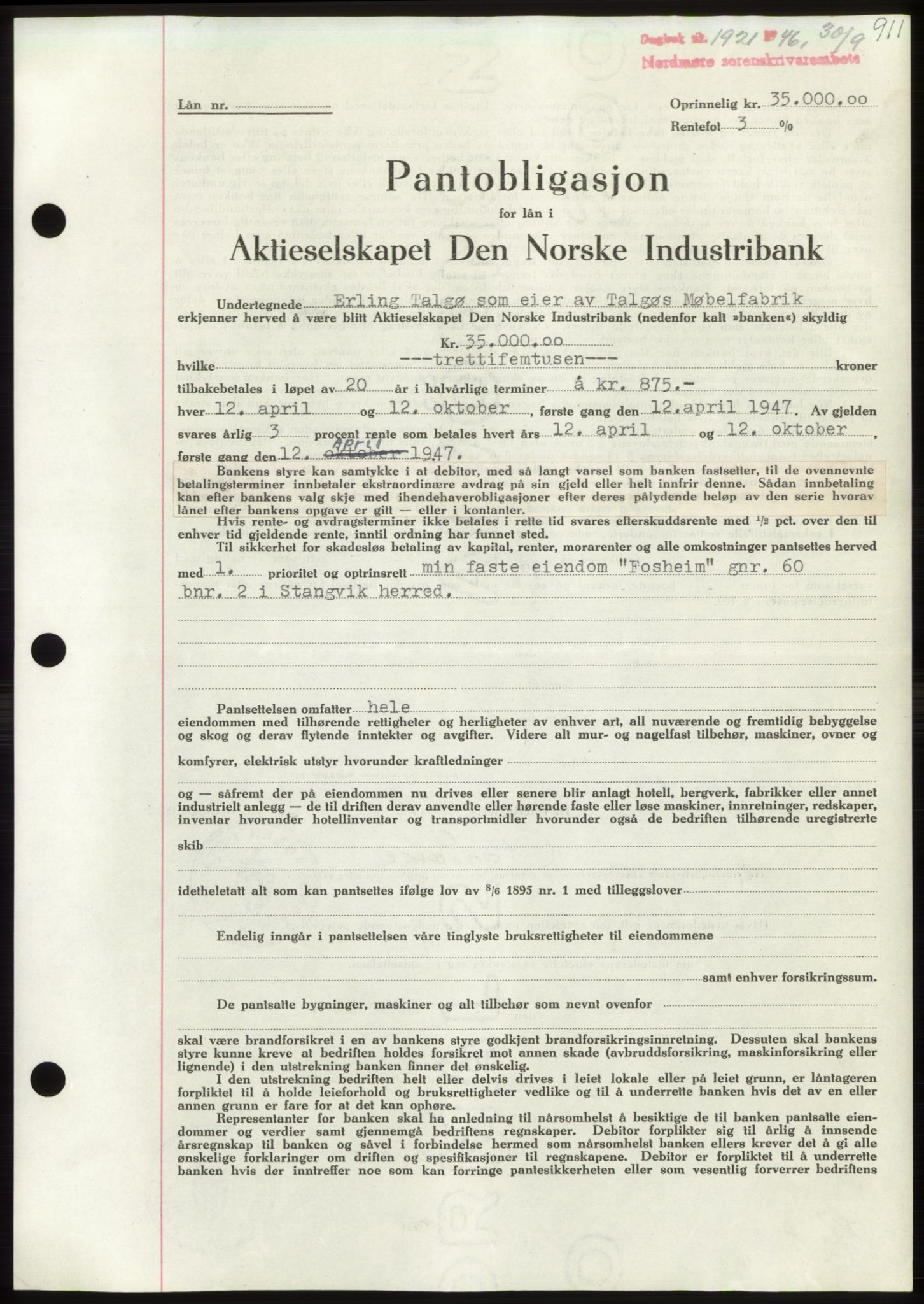 Nordmøre sorenskriveri, SAT/A-4132/1/2/2Ca: Pantebok nr. B94, 1946-1946, Dagboknr: 1921/1946