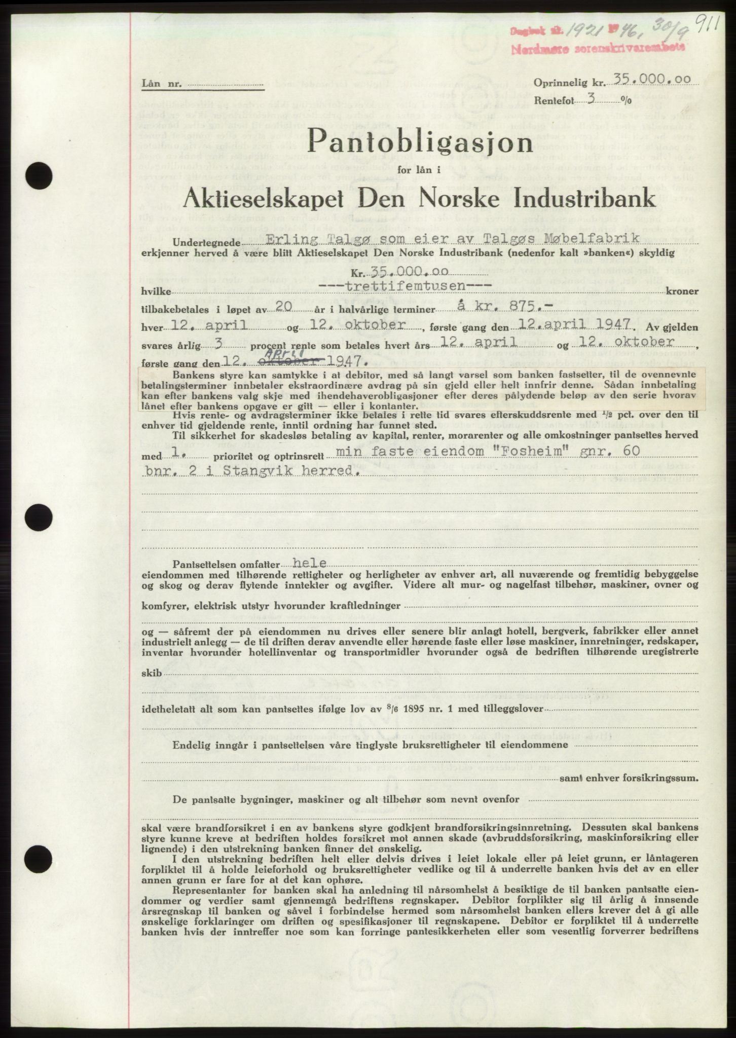 Nordmøre sorenskriveri, AV/SAT-A-4132/1/2/2Ca: Pantebok nr. B94, 1946-1946, Dagboknr: 1921/1946