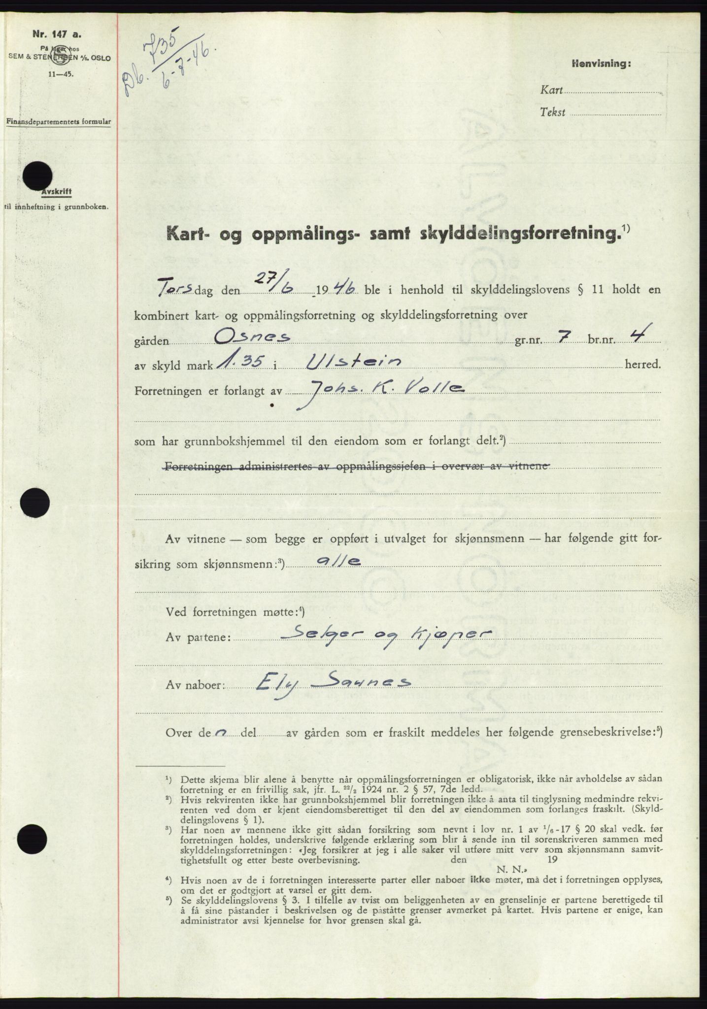 Søre Sunnmøre sorenskriveri, SAT/A-4122/1/2/2C/L0078: Pantebok nr. 4A, 1946-1946, Dagboknr: 735/1946