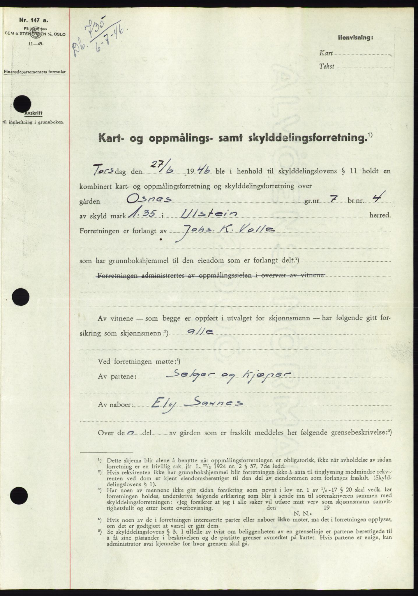 Søre Sunnmøre sorenskriveri, AV/SAT-A-4122/1/2/2C/L0078: Pantebok nr. 4A, 1946-1946, Dagboknr: 735/1946