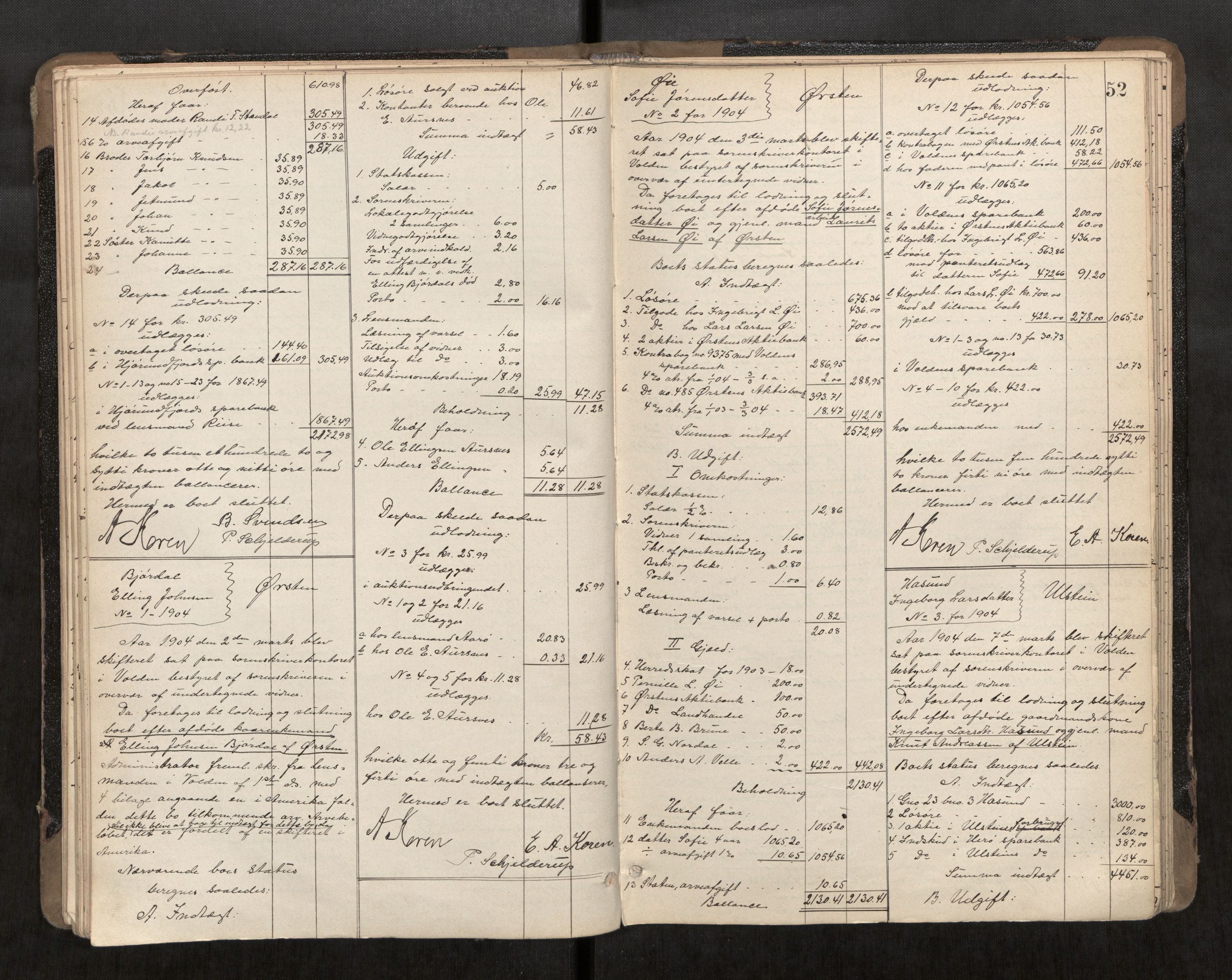 Søre Sunnmøre sorenskriveri, AV/SAT-A-4122/1/3/3A/L0020: Skifte- / Skifteutloddings- / Skifteslutningsprotokollar, 1902-1908, s. 52