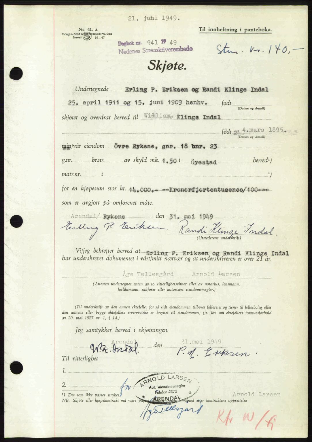 Nedenes sorenskriveri, AV/SAK-1221-0006/G/Gb/Gba/L0060: Pantebok nr. A12, 1948-1949, Dagboknr: 941/1949