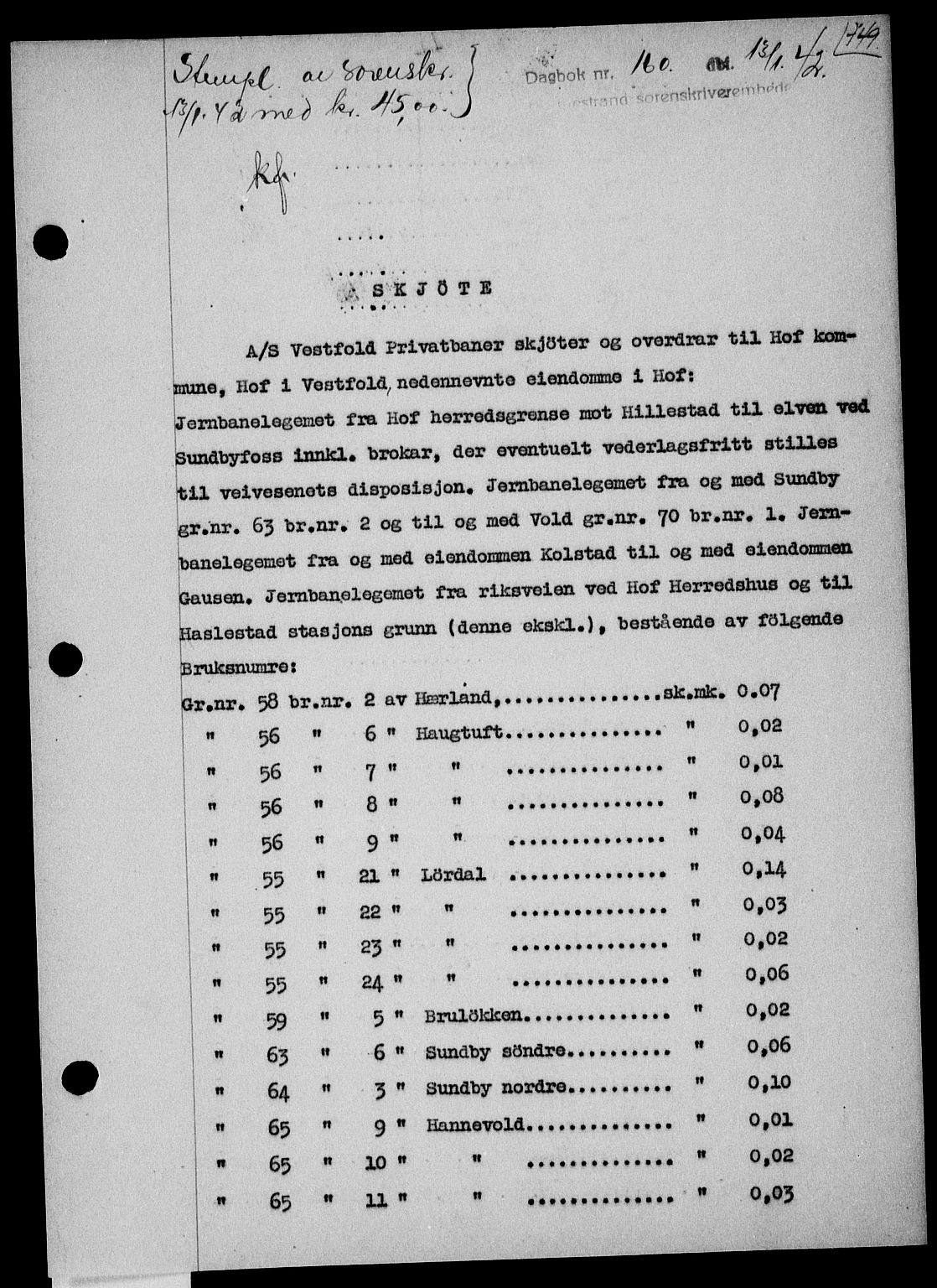 Holmestrand sorenskriveri, SAKO/A-67/G/Ga/Gaa/L0054: Pantebok nr. A-54, 1941-1942, Dagboknr: 160/1942