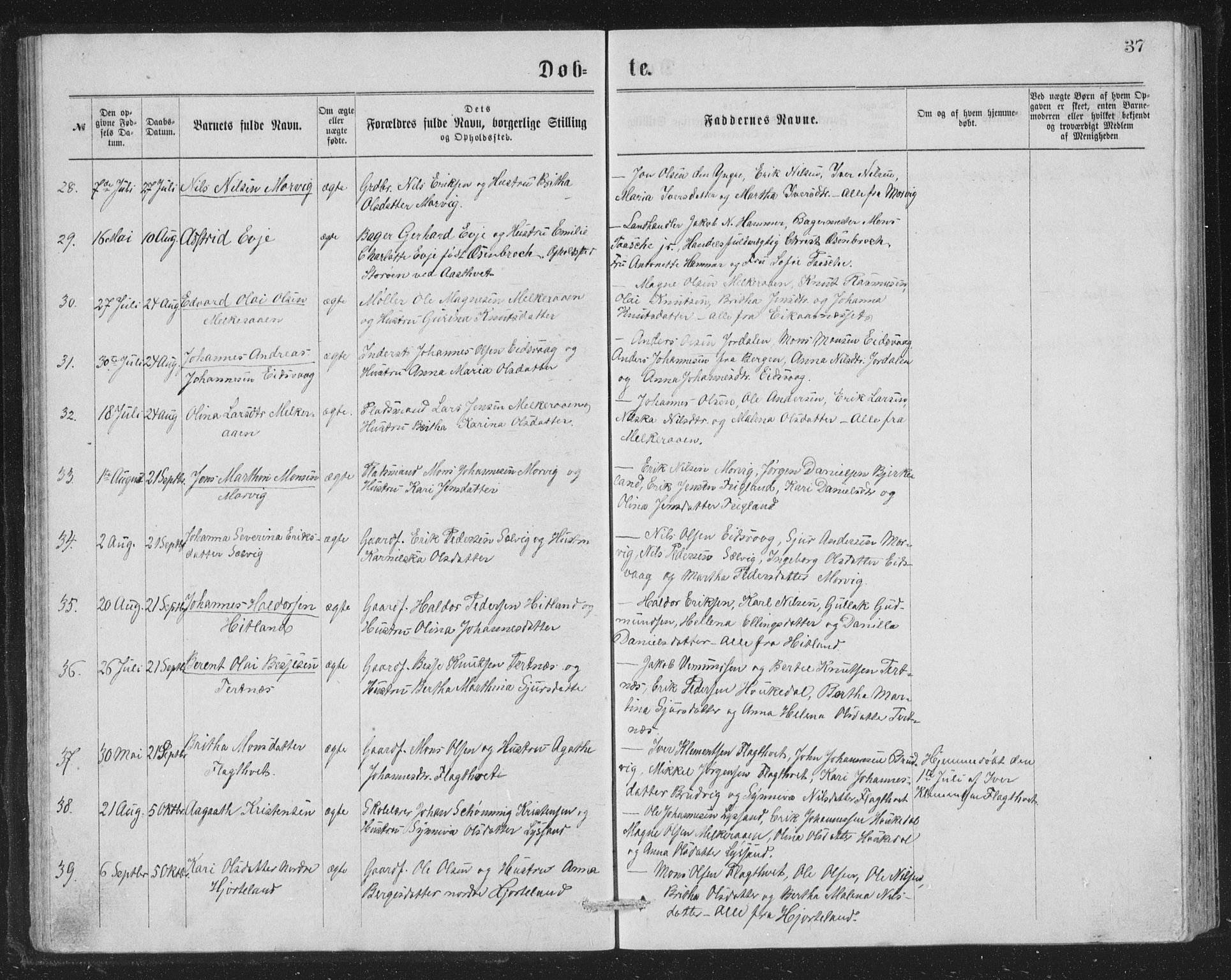 Åsane sokneprestembete, AV/SAB-A-79401/H/Hab: Klokkerbok nr. A 1, 1870-1884, s. 37