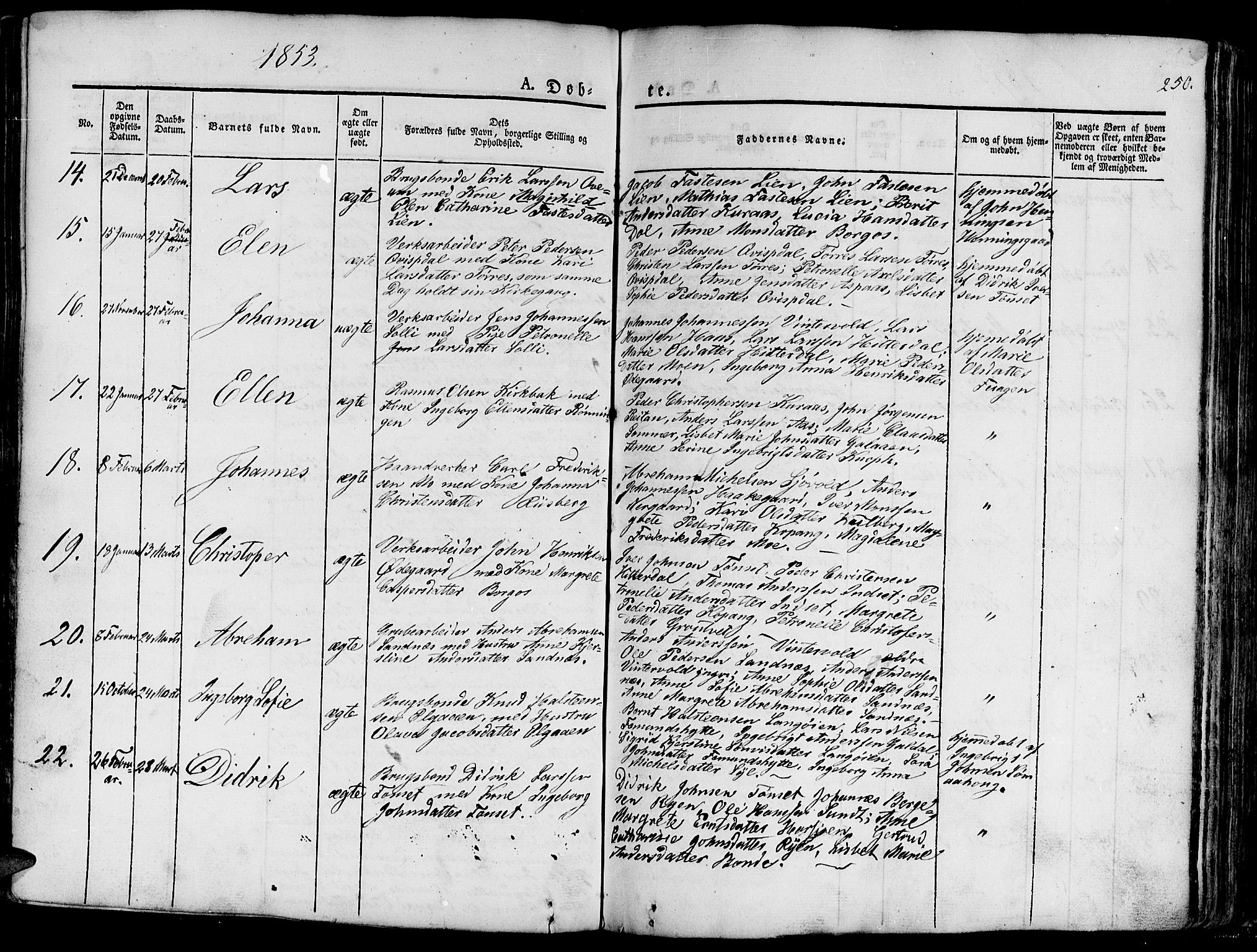 Ministerialprotokoller, klokkerbøker og fødselsregistre - Sør-Trøndelag, SAT/A-1456/681/L0938: Klokkerbok nr. 681C02, 1829-1879, s. 250