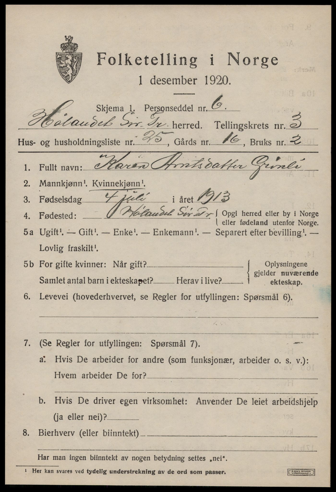 SAT, Folketelling 1920 for 1651 Hølonda herred, 1920, s. 1453