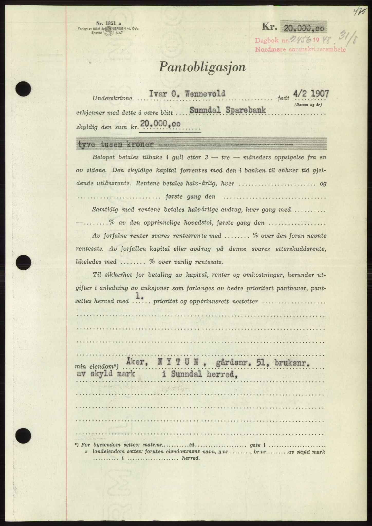 Nordmøre sorenskriveri, AV/SAT-A-4132/1/2/2Ca: Pantebok nr. B99, 1948-1948, Dagboknr: 2456/1948