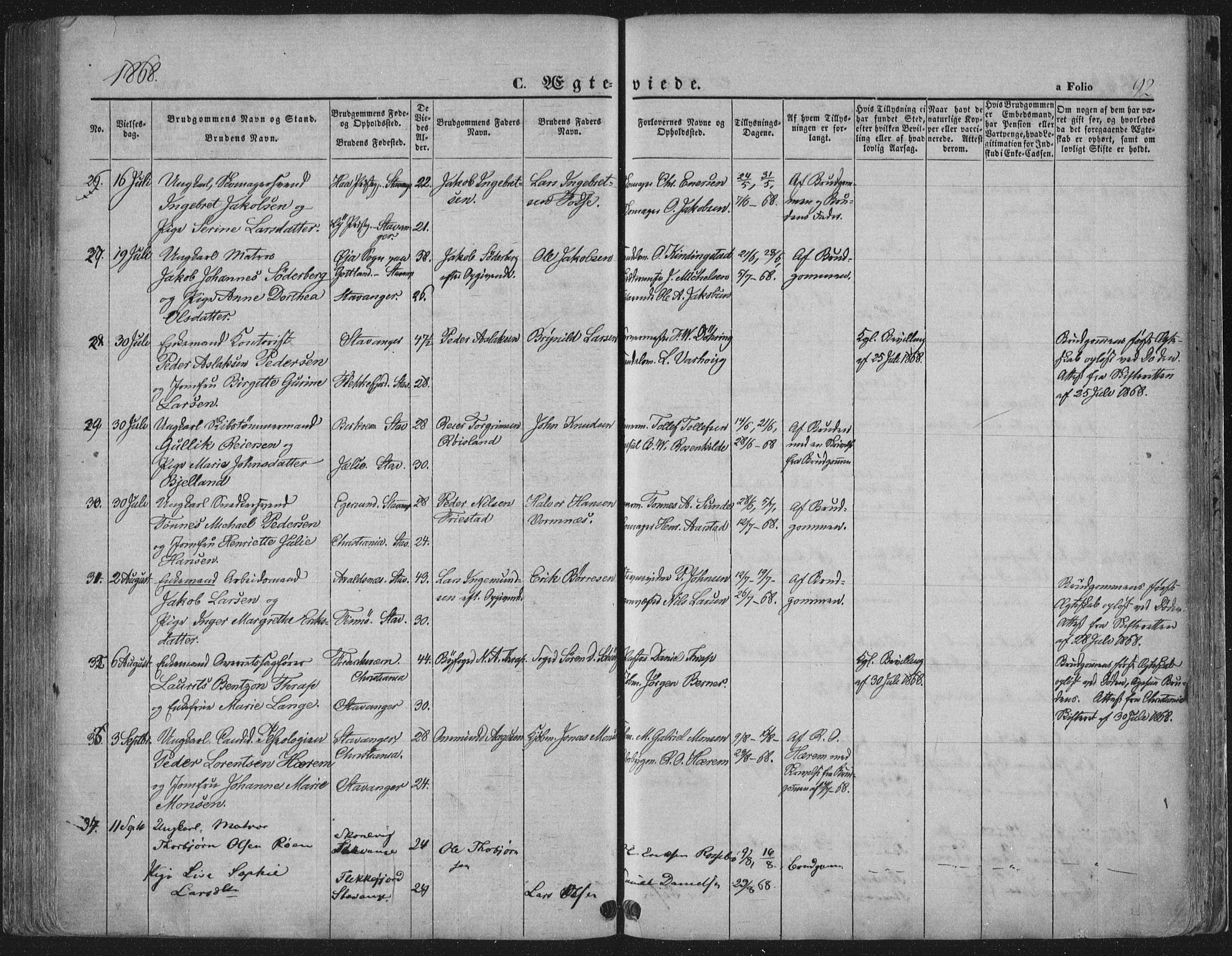 Domkirken sokneprestkontor, AV/SAST-A-101812/001/30/30BA/L0019: Ministerialbok nr. A 18, 1857-1877, s. 92