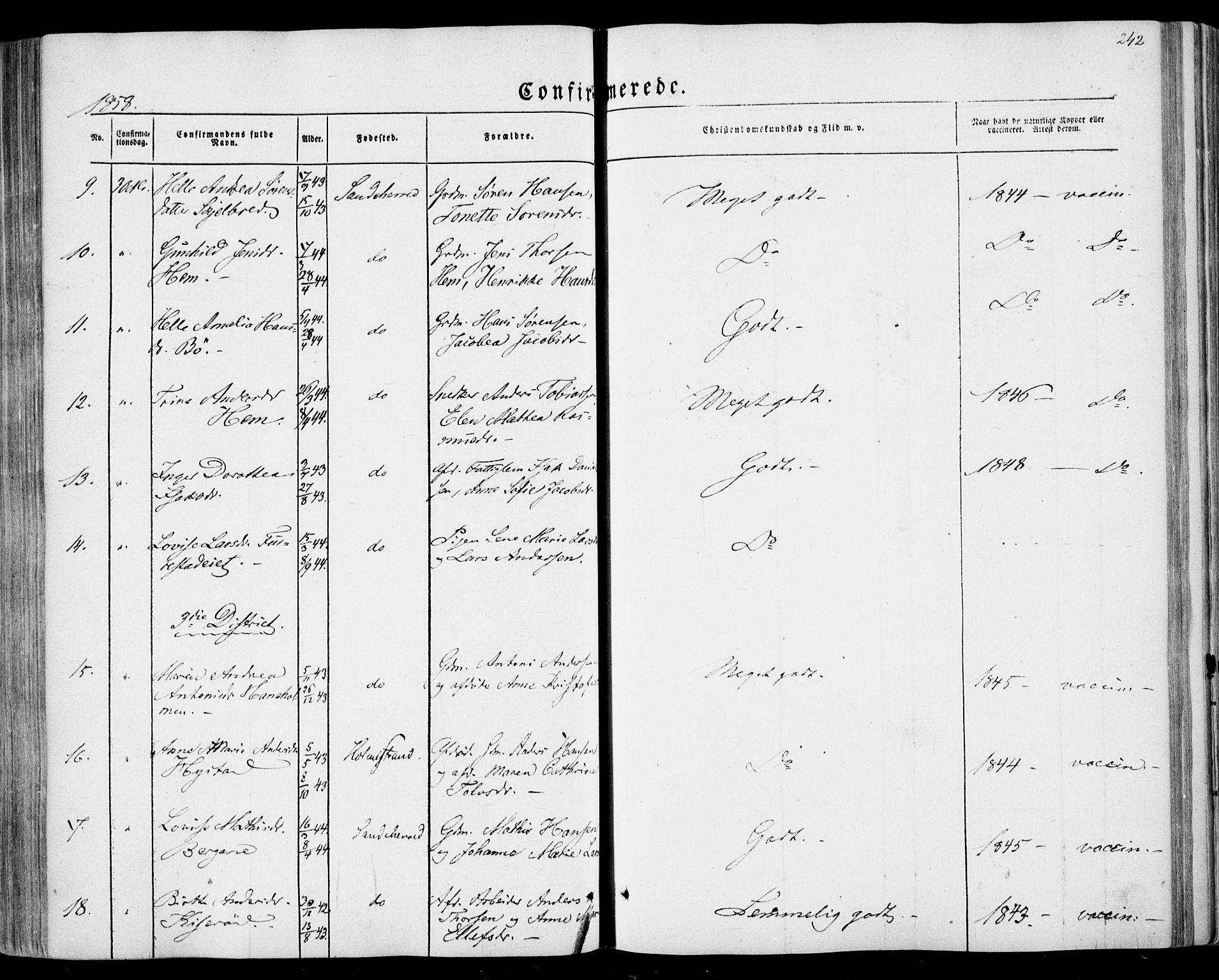 Sandar kirkebøker, AV/SAKO-A-243/F/Fa/L0007: Ministerialbok nr. 7, 1855-1861, s. 242