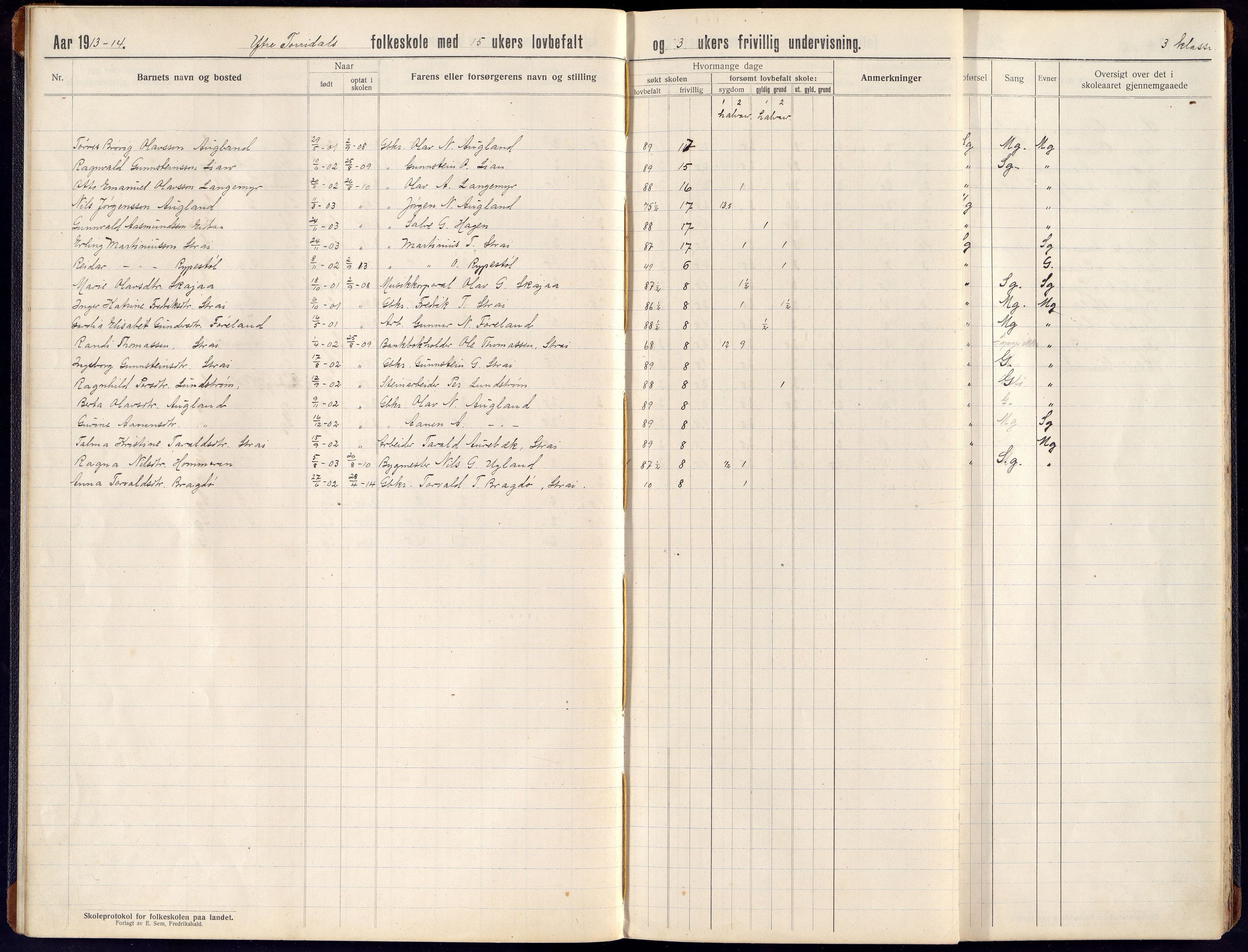 Oddernes kommune - Ytre Torridal skolekrets, ARKSOR/1001OD555/H/L0004: Skoleprotokoll, 1914-1919