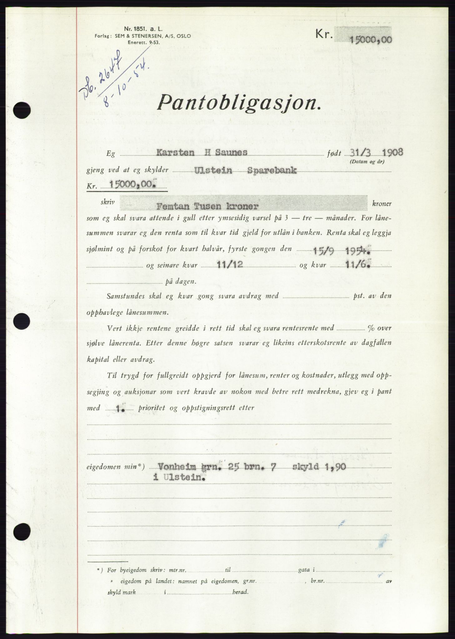 Søre Sunnmøre sorenskriveri, AV/SAT-A-4122/1/2/2C/L0126: Pantebok nr. 14B, 1954-1955, Dagboknr: 2647/1954