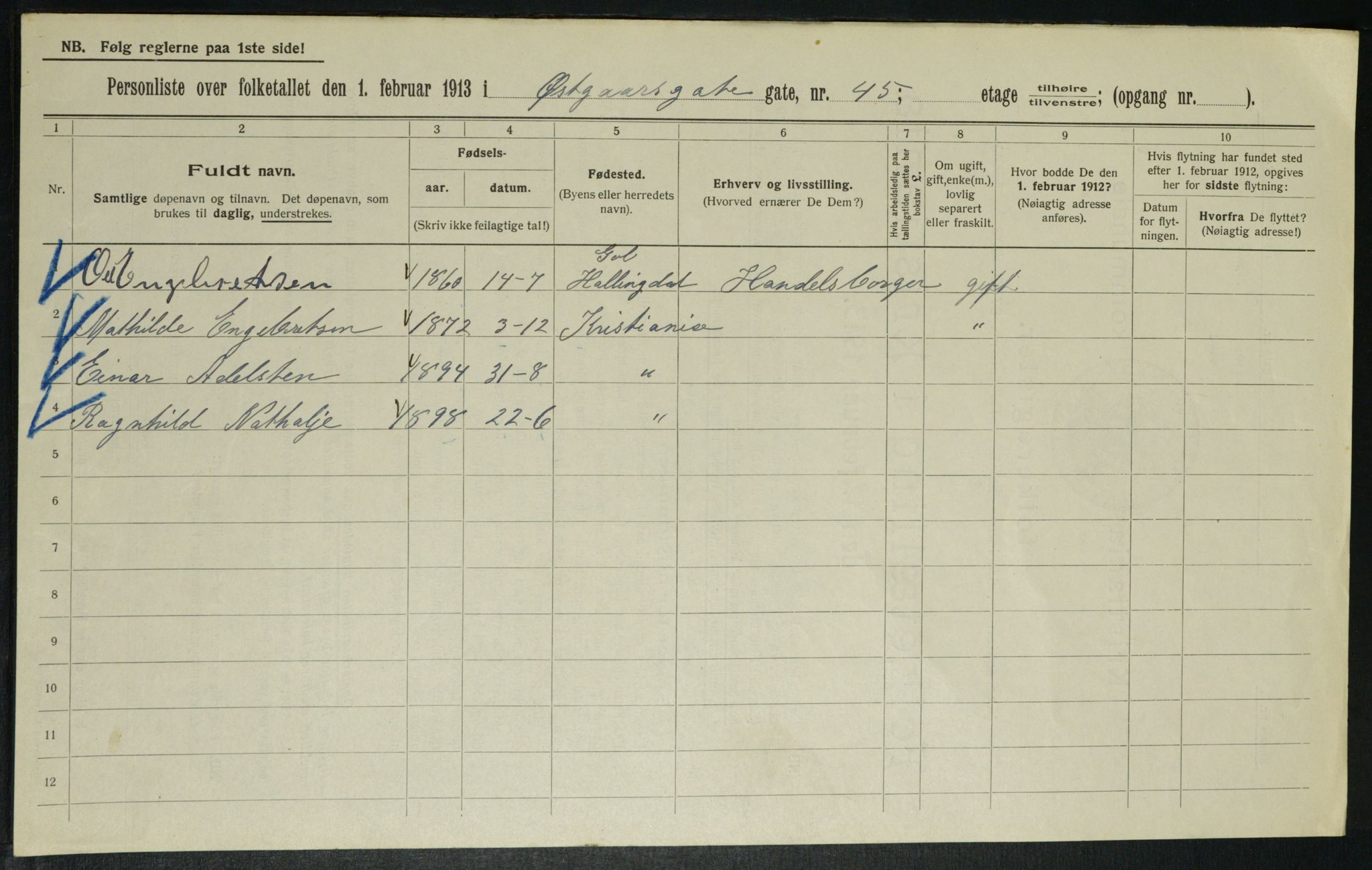 OBA, Kommunal folketelling 1.2.1913 for Kristiania, 1913, s. 129301