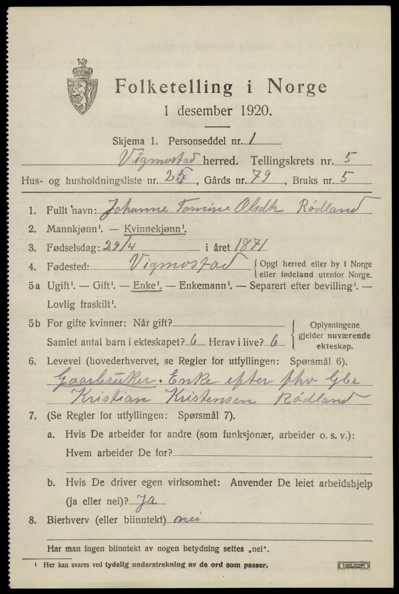SAK, Folketelling 1920 for 1028 Vigmostad herred, 1920, s. 1917