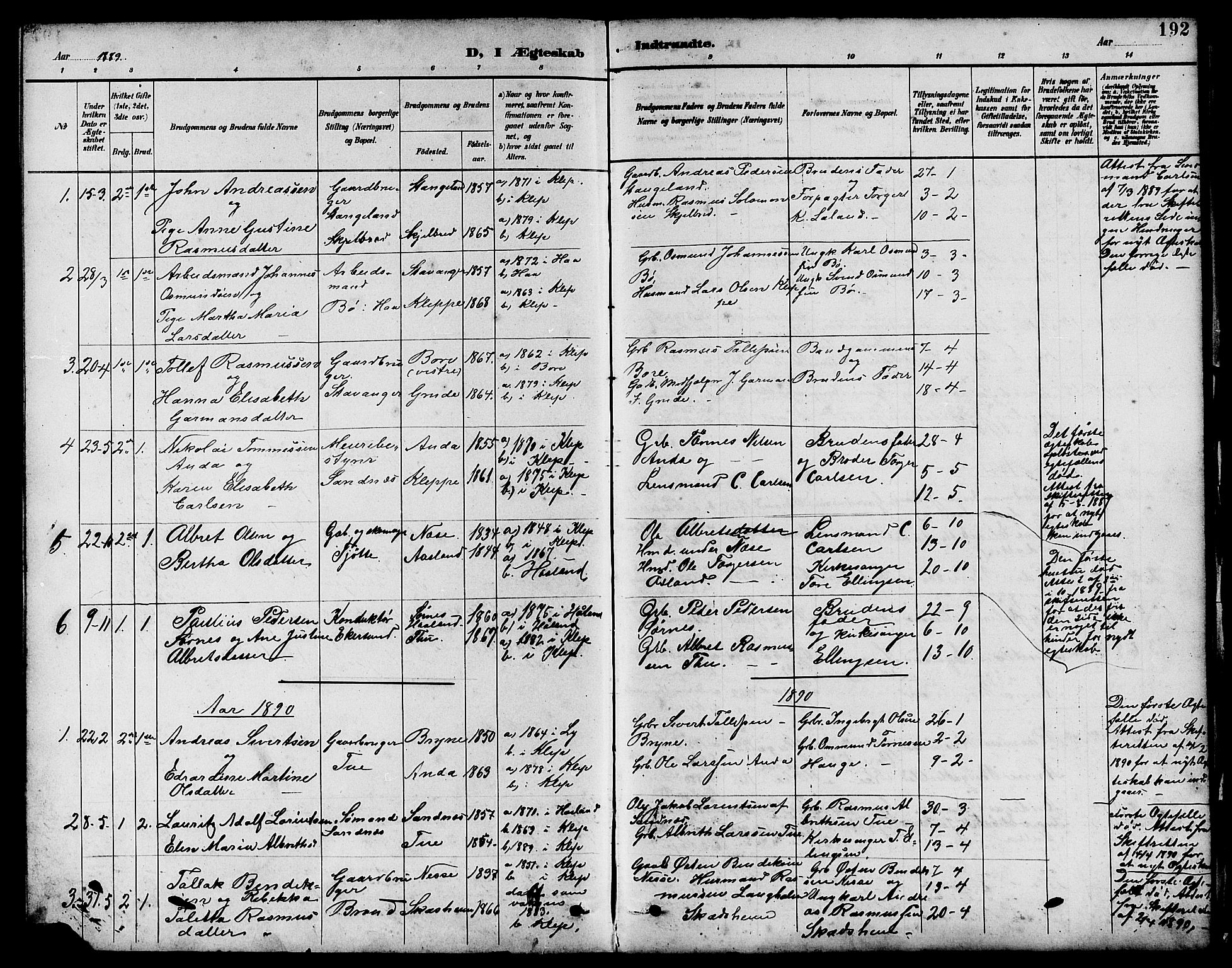 Klepp sokneprestkontor, AV/SAST-A-101803/001/30/300BB/L0004: Klokkerbok nr. B 4, 1889-1914, s. 192