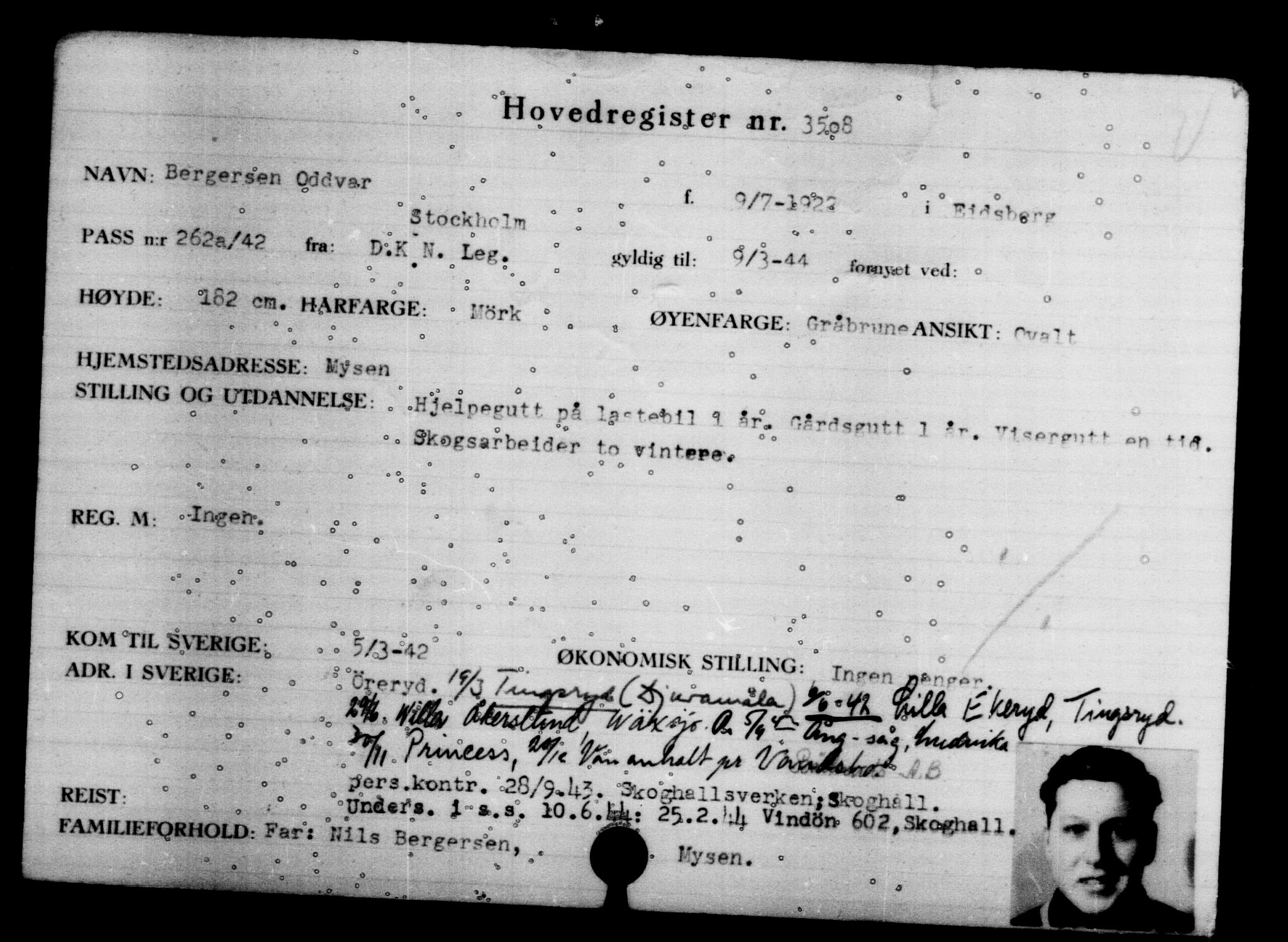 Utenriksstasjonene, Legasjonen i Stockholm, Flyktningkontoret, AV/RA-S-6753/V/Va/L0004: Kjesäterkartoteket, flyktninger med registreringsnr. 3496-6610, 1940-1945, s. 15