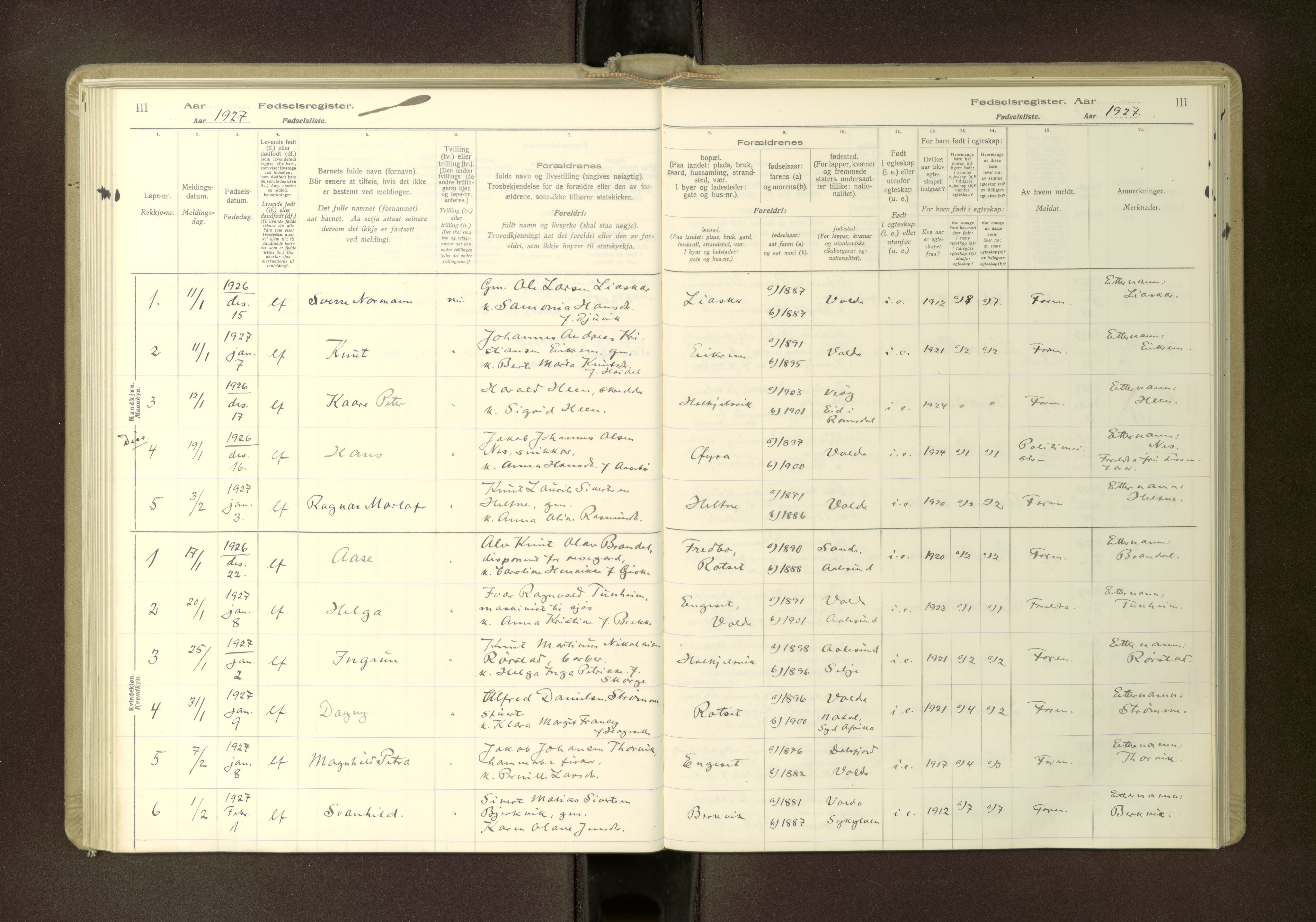 Ministerialprotokoller, klokkerbøker og fødselsregistre - Møre og Romsdal, AV/SAT-A-1454/511/L0165: Fødselsregister nr. 511---, 1916-1937, s. 111