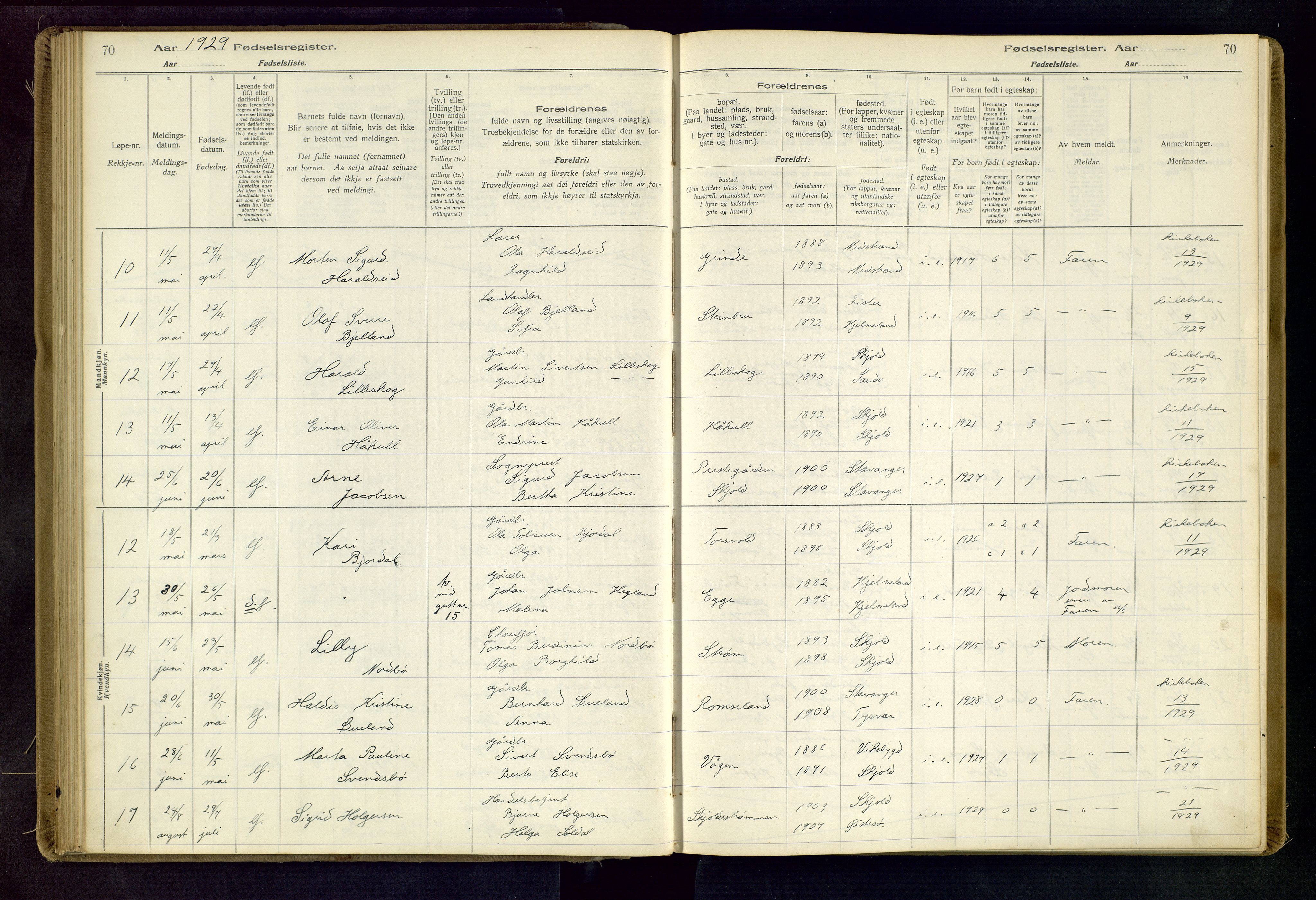 Skjold sokneprestkontor, AV/SAST-A-101847/I/Id/L0001: Fødselsregister nr. 1, 1917-1951, s. 70