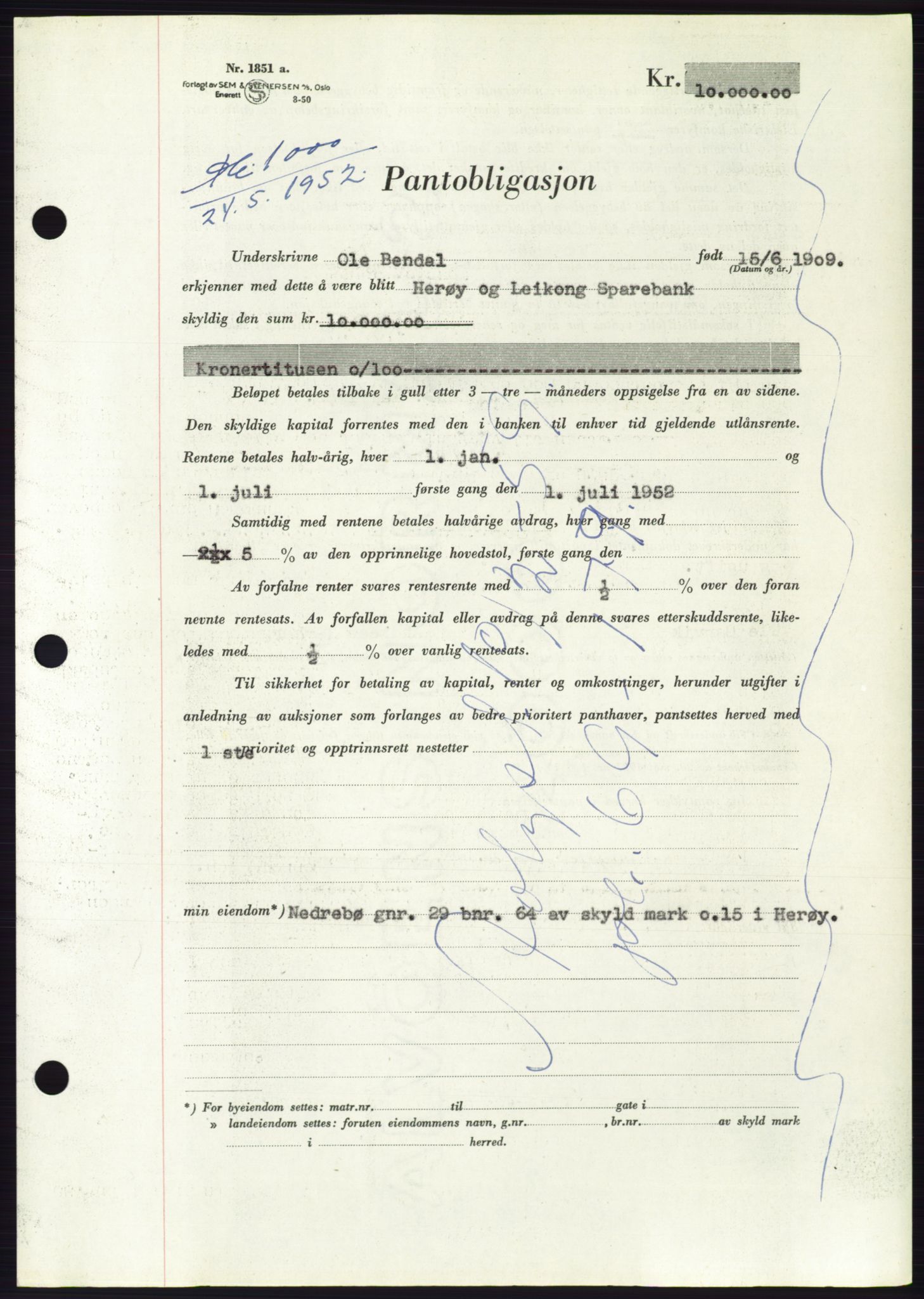 Søre Sunnmøre sorenskriveri, AV/SAT-A-4122/1/2/2C/L0121: Pantebok nr. 9B, 1951-1952, Dagboknr: 1000/1952