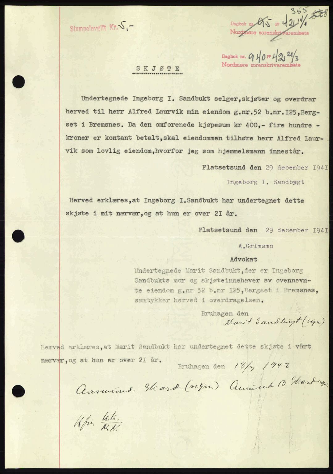 Nordmøre sorenskriveri, SAT/A-4132/1/2/2Ca: Pantebok nr. A92, 1942-1942, Dagboknr: 940/1942