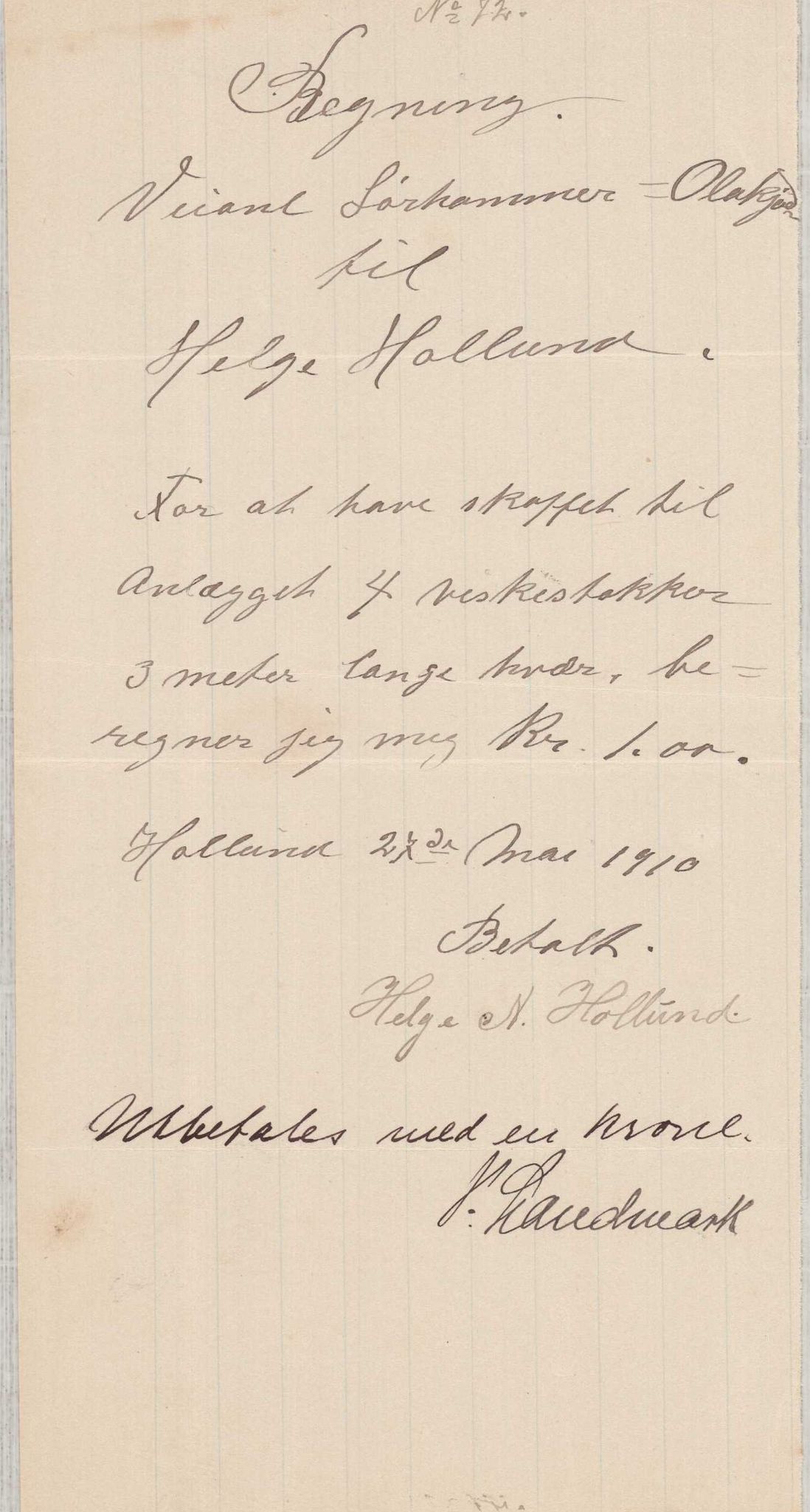 Finnaas kommune. Formannskapet, IKAH/1218a-021/E/Ea/L0001/0003: Rekneskap for veganlegg / Rekneskap for veganlegget Laurhammer - Olakjødn, 1909-1911, s. 30