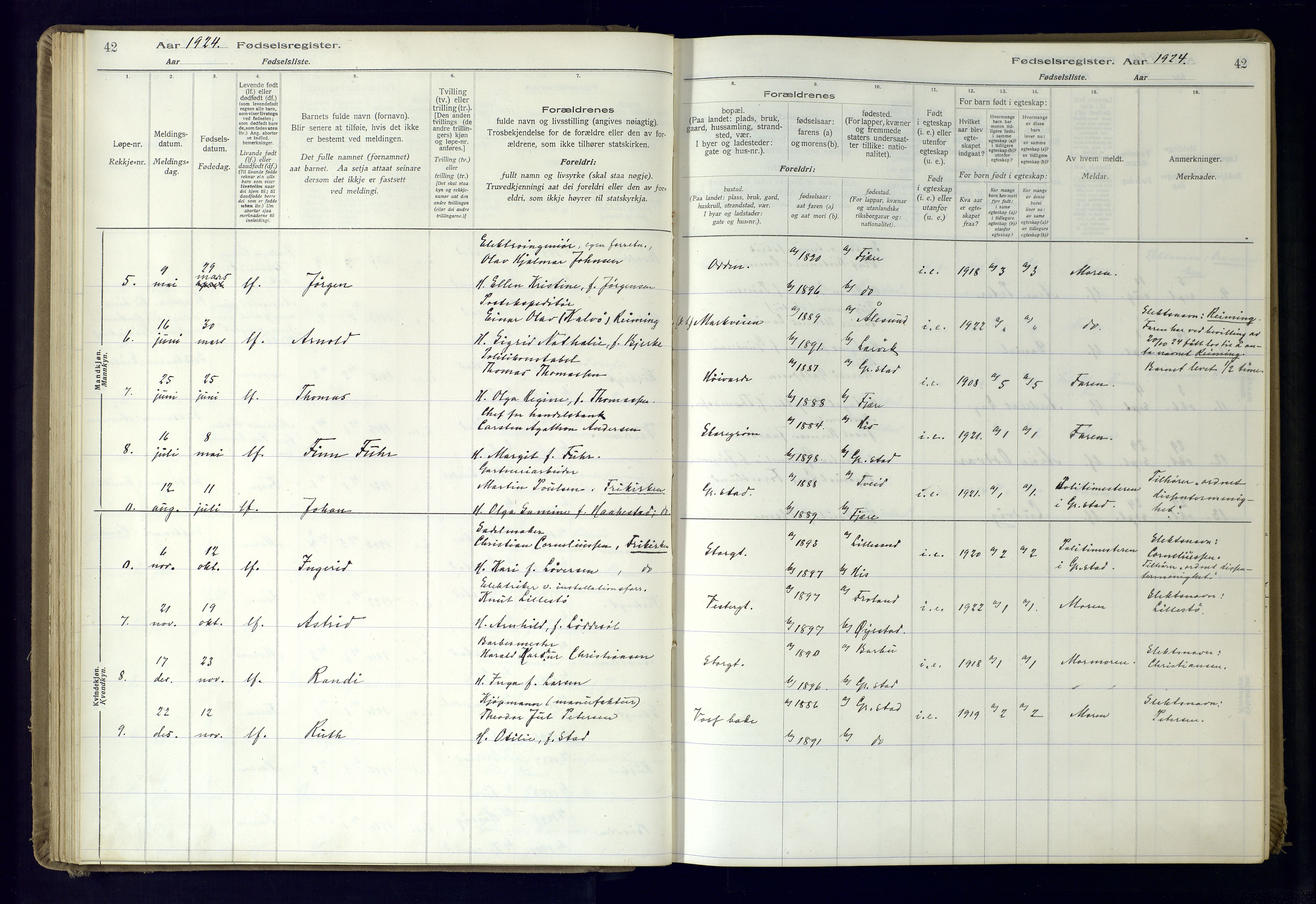 Grimstad sokneprestkontor, AV/SAK-1111-0017/J/Ja/L0001: Fødselsregister nr. 1, 1916-1960, s. 42